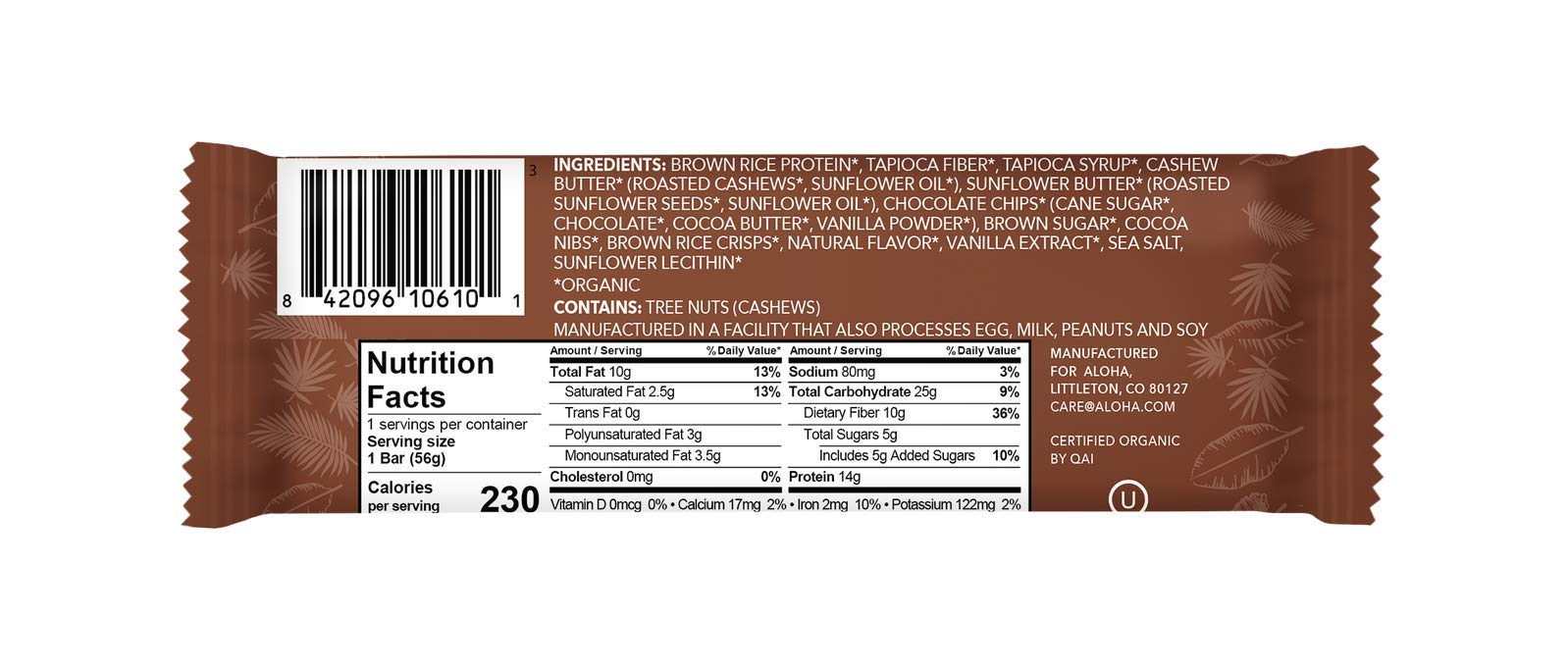 ALOHA Organic Plant-Based Protein Bar - Chocolate Chip Cookie Dough Flavor, 1.98 Oz (12 Pack) | Vegan, Gluten-Free, Non-GMO Snack for Workout Recovery, Healthy Breakfast & On-the-Go Energy