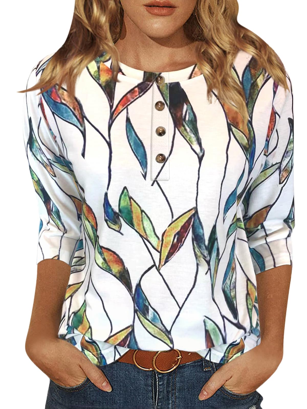 Women's Casual 3/4 Sleeve Crew Neck Blouse - Floral Print Loose Fit T-Shirt Top for Everyday Wear, Work & Outings
