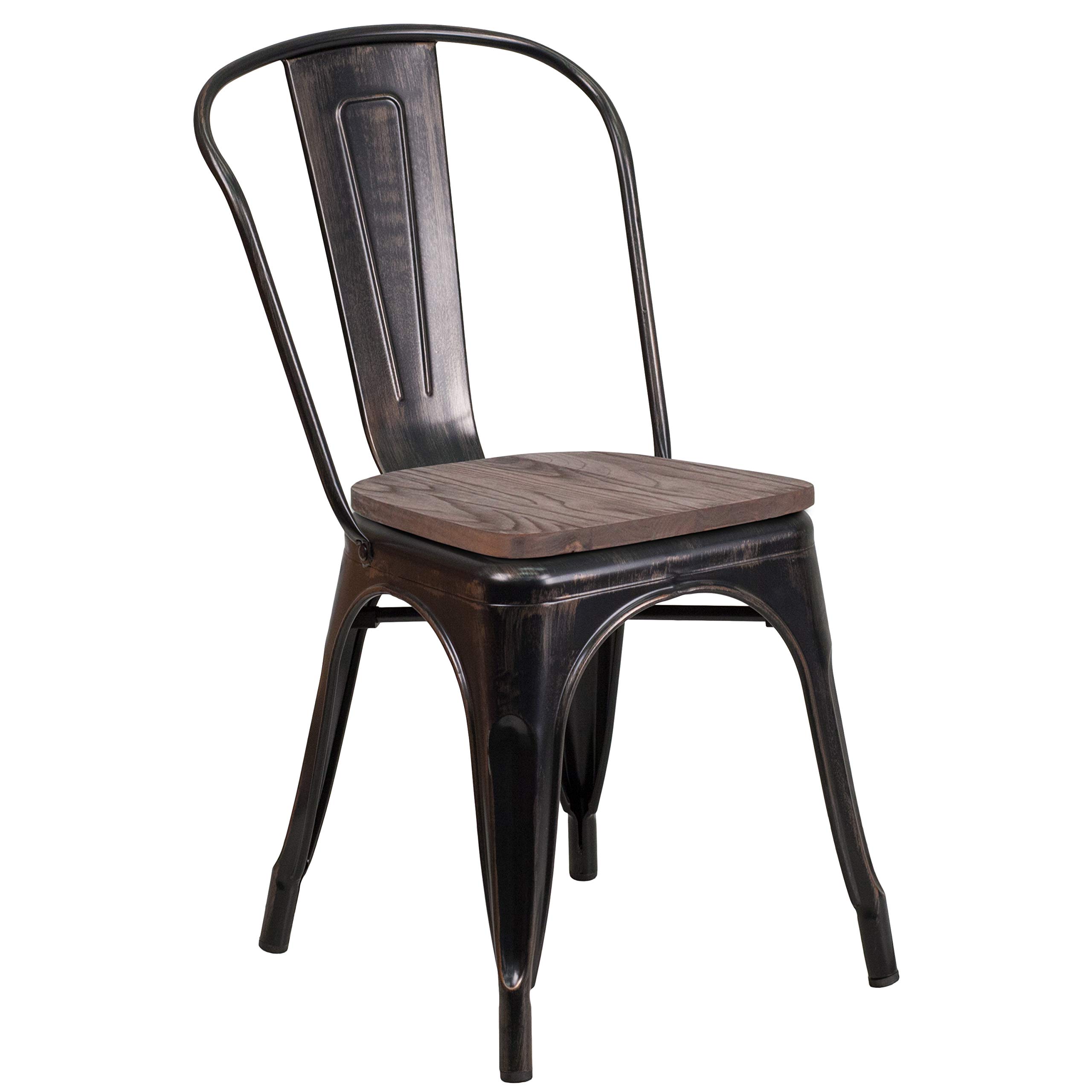 4 Pack Black & Antique Gold Metal Stackable Dining Chairs with Wood Seat - Sturdy Restaurant Chairs for Home, Cafe, Bistro & Outdoor Use