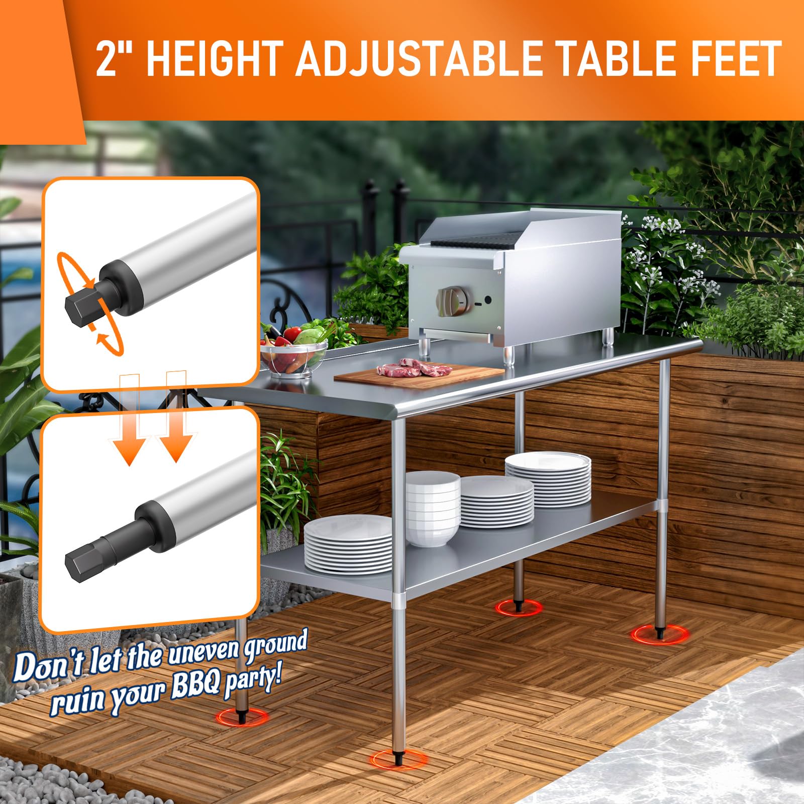 Premium Stainless Steel Work Table 24x60 Inches - Adjustable Shelf & Backsplash - Heavy Duty Commercial Kitchen Prep Table for Restaurant, Food Prep, Garage, Laundry Room & Outdoor BBQ Cooking - Easy to Clean Utility Table