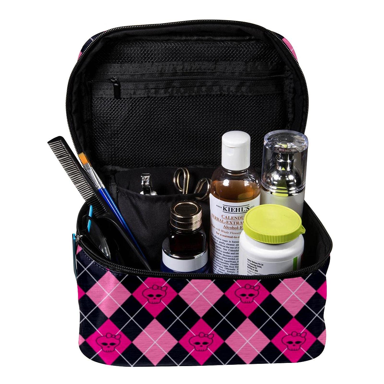 Stylish Pink Skull & Geometric Print Large Travel Makeup Bag - Waterproof Cosmetic Organizer with Zipper for Women & Girls | Perfect for Vacation, Gym, Daily Use