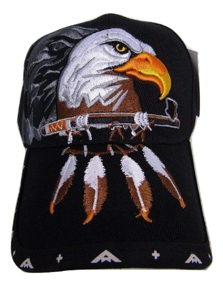 Native Pride American Indian Eagle Herb Pipe Shadow Black Embroidered Cap Hat - Handmade Tribal Design for Smokers & Collectors | Perfect for Powwows, Festivals & Cultural Events