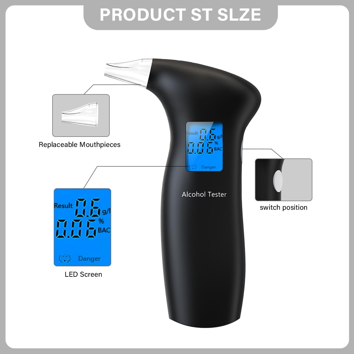 Portable Alcohol Breathalyzer Tester with LCD Display & Reusable Mouthpieces - Personal & Professional Use - Accurate BAC Detection for Home, Office, Parties & Road Safety - Black