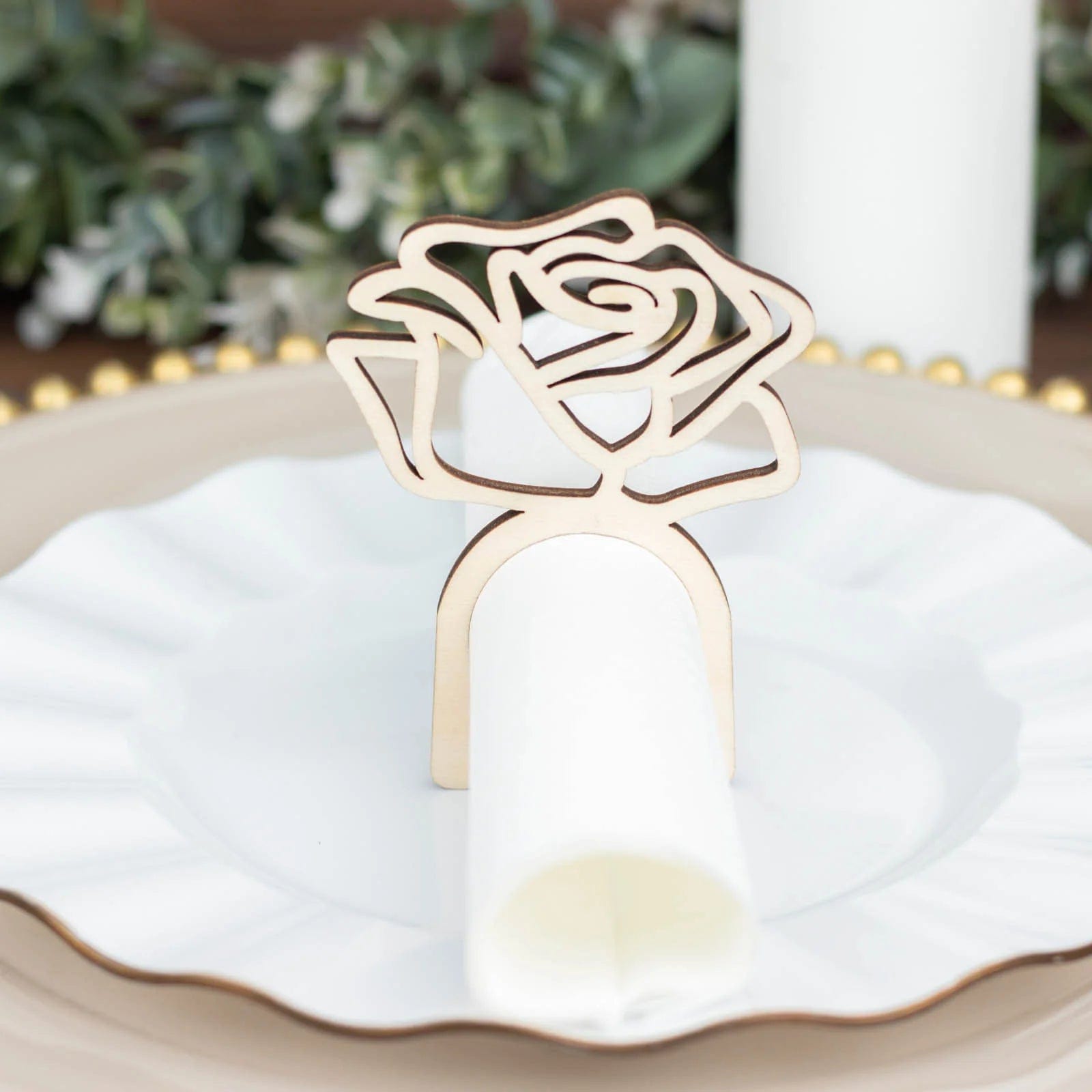 10 Pack Laser Cut Rose Design Wooden Napkin Rings - Natural Wood for Wedding, Party & Holiday Table Decor