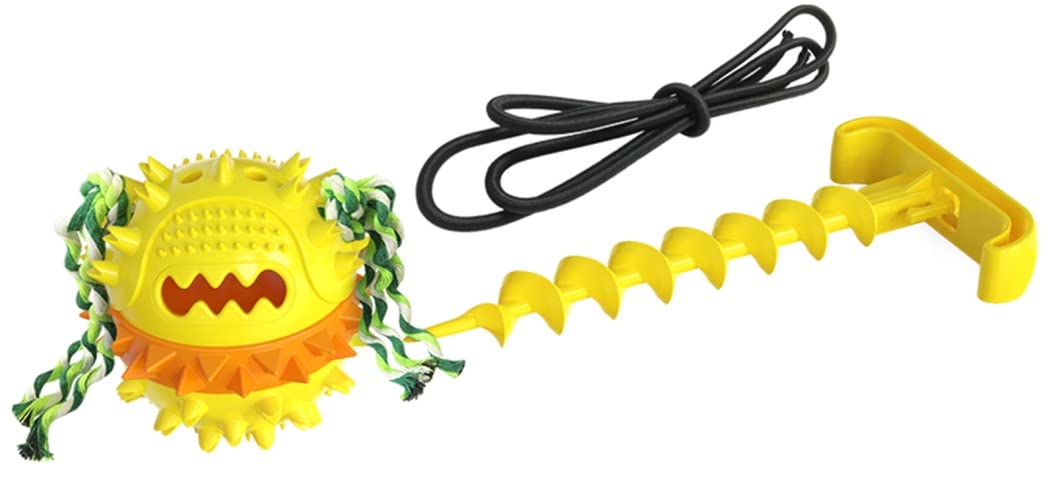 Durable Outdoor Dog Tug of War Toy with Elastic Rope - Chew Resistant Molar & Squeaky Toy for Aggressive Chewers - Food Dispensing Interactive Pet Toy (Yellow) - Perfect for Backyard Play, Training & Bonding with Your Dog
