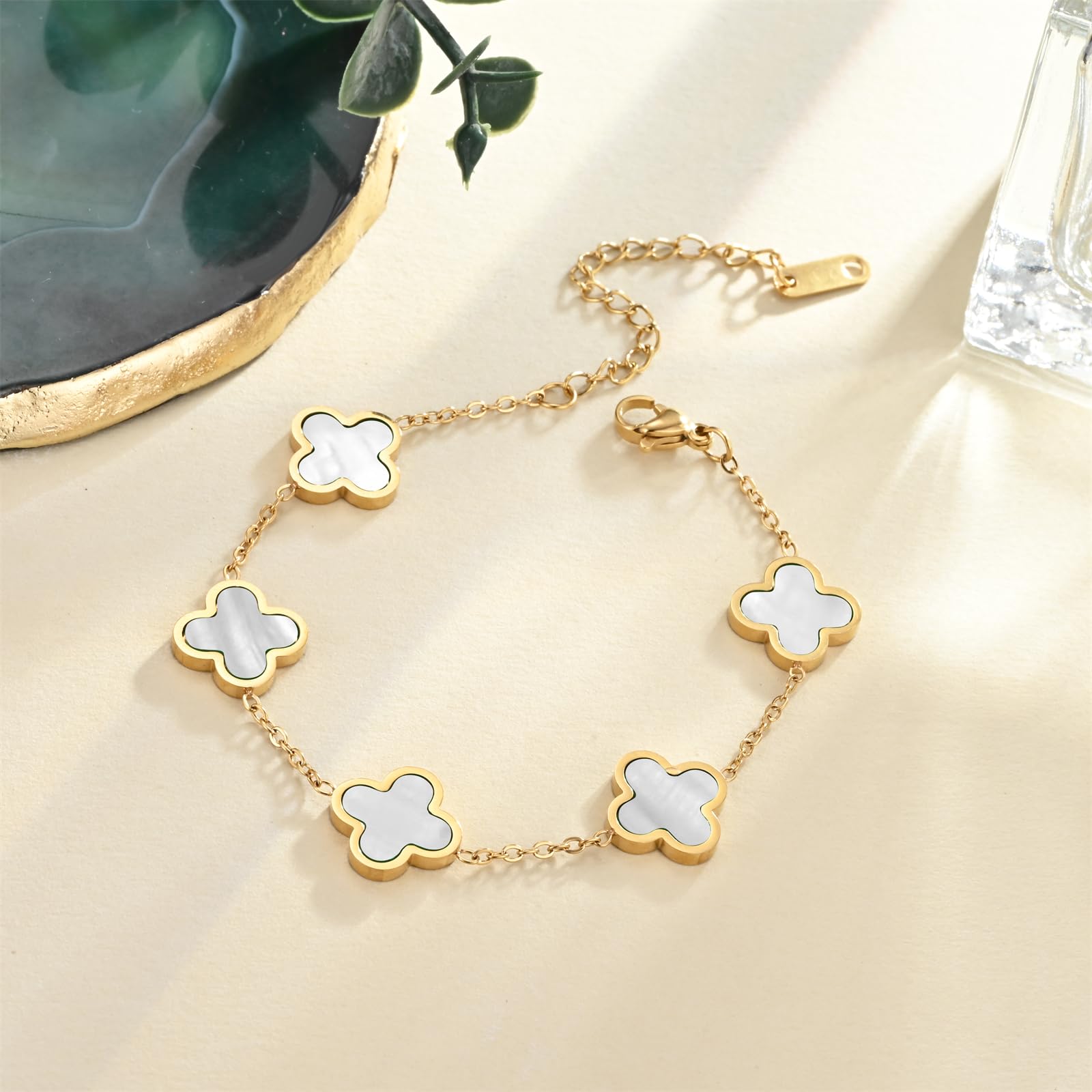 Lucky Clover Bracelet for Women - 18K Gold Plated 4 Leaf Clover Charm Bracelet in Black, White, Green & Red | Stylish Fashion Jewelry Gift for Her | Perfect for St. Patrick's Day, Birthday & Everyday Wear