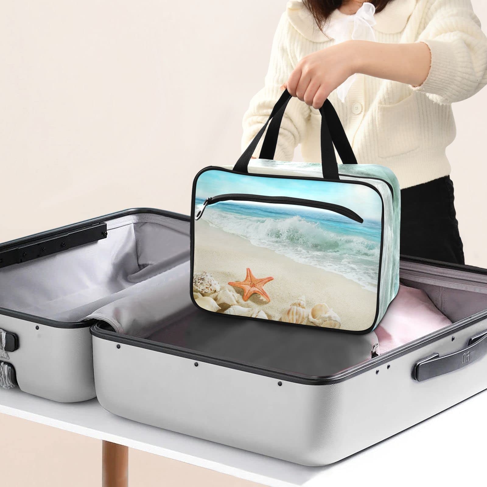 Starfish Beach Travel Toiletry Bag for Women - Large Hanging Cosmetic Organizer with Hook | Perfect for Vacation, Gym & Weekend Getaways