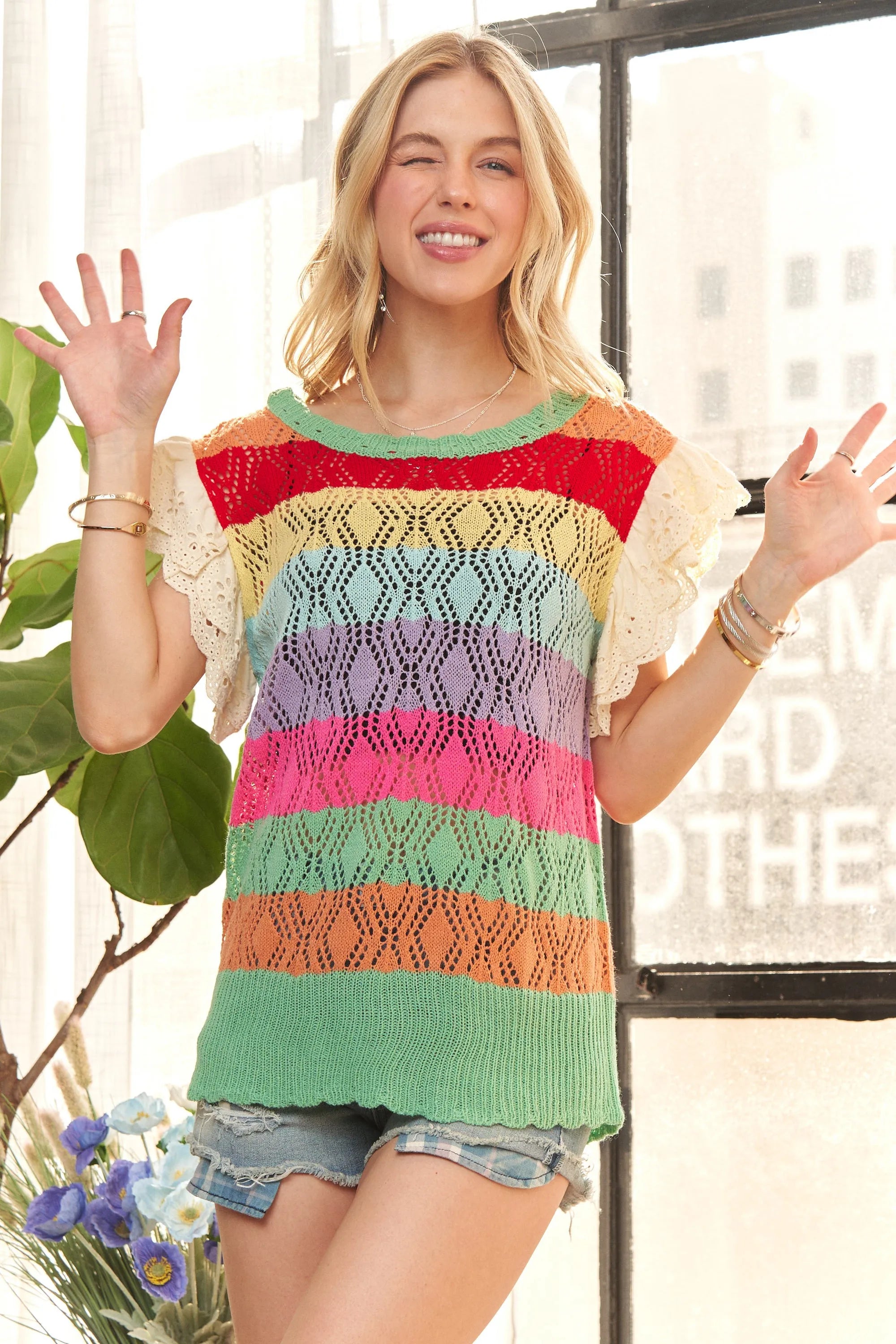 ADORA Women's Eyelet Sleeve Crochet Top - Colorful Boho Summer Blouse for Beach, Vacation & Casual Outings