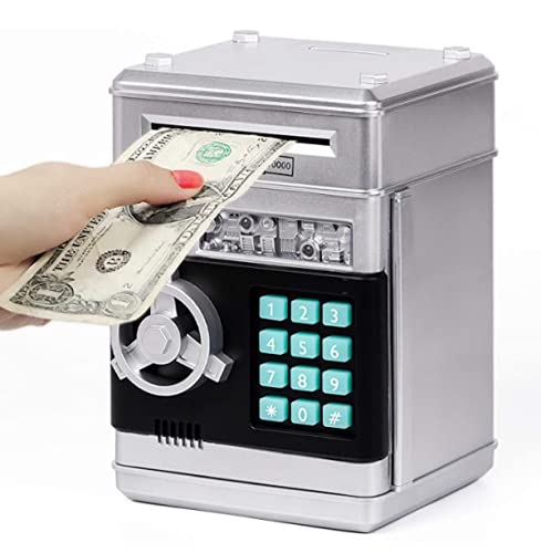 Electronic ATM Piggy Bank with Password Protection - Auto Roll Paper Money & Coin Savings Box for Kids - Perfect Gift for Birthdays & Financial Education (Silver)