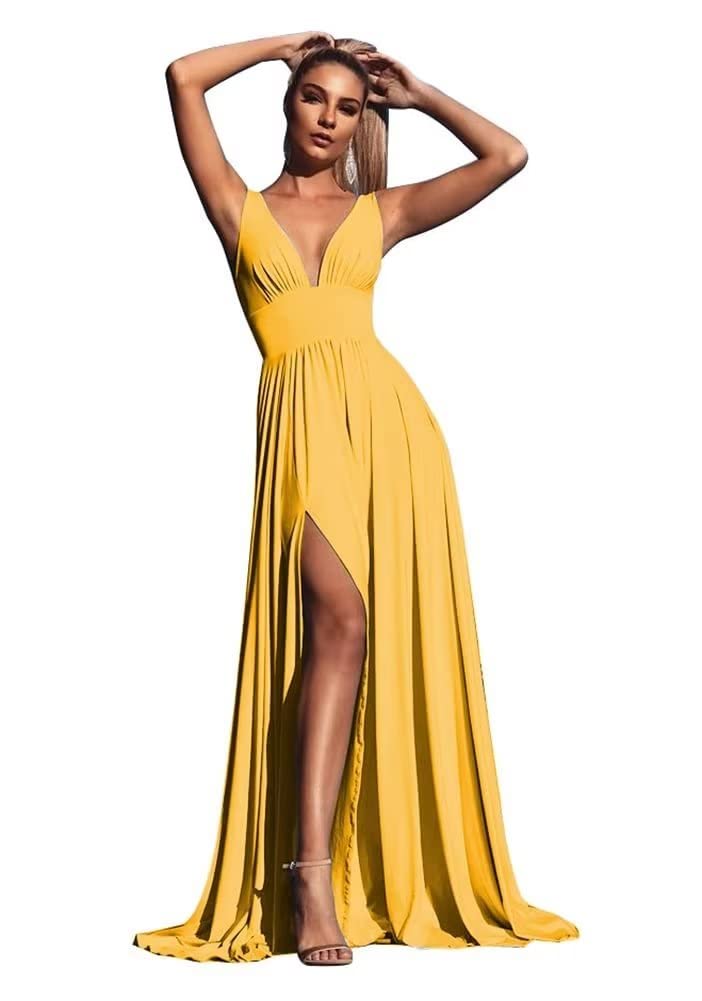 Elegant V-Neck Satin Bridesmaid Dresses for Wedding | Long A-Line Formal Gowns with Side Slit | Perfect for Prom, Evening Parties & Special Occasions