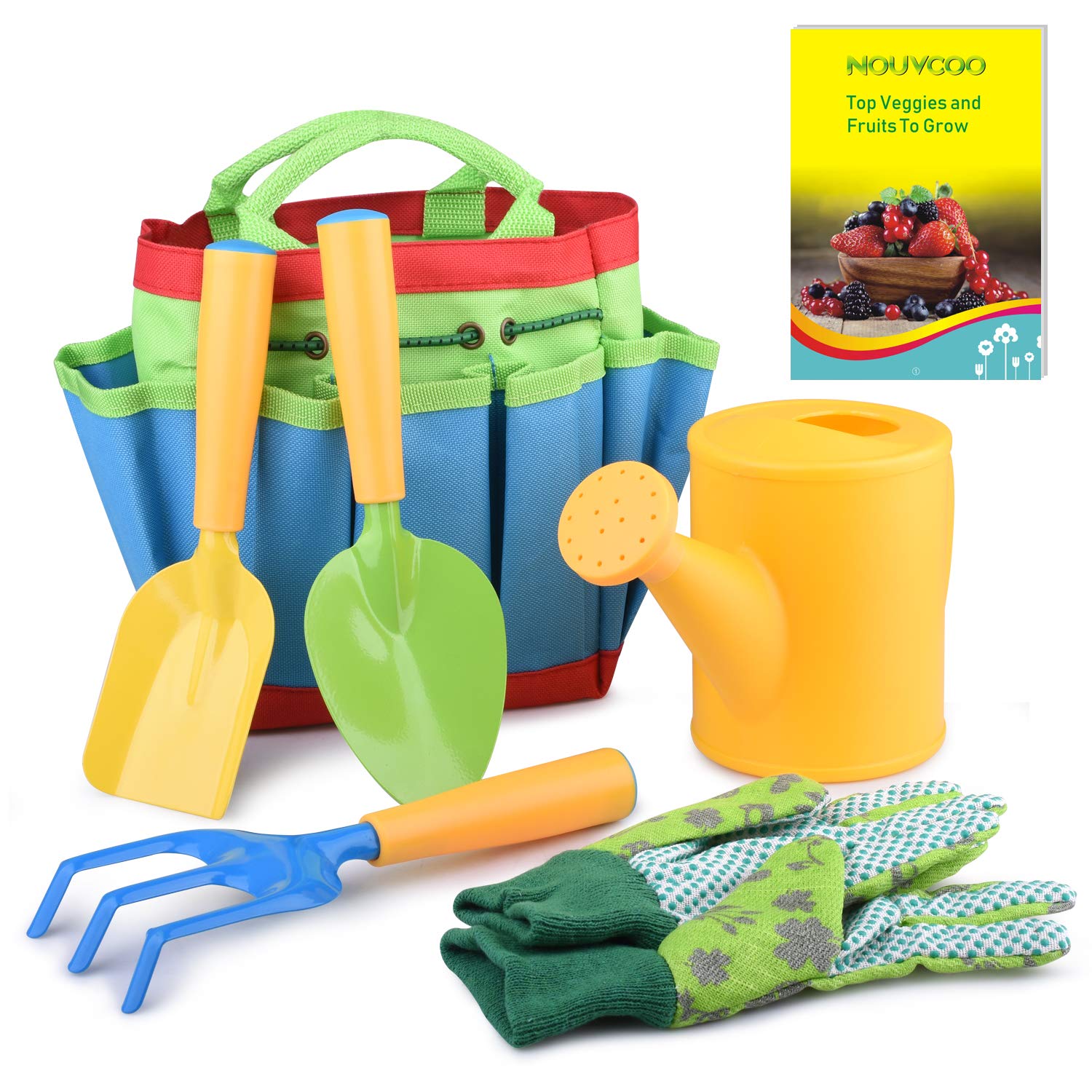 NOUVCOO 7-Piece Kids Gardening Tool Set - Includes Tote Bag, Watering Can, Shovel, Rake, Fork, Gloves & Gardening Guide Book - Durable Children's Garden Tools for Outdoor Learning & Fun Activities