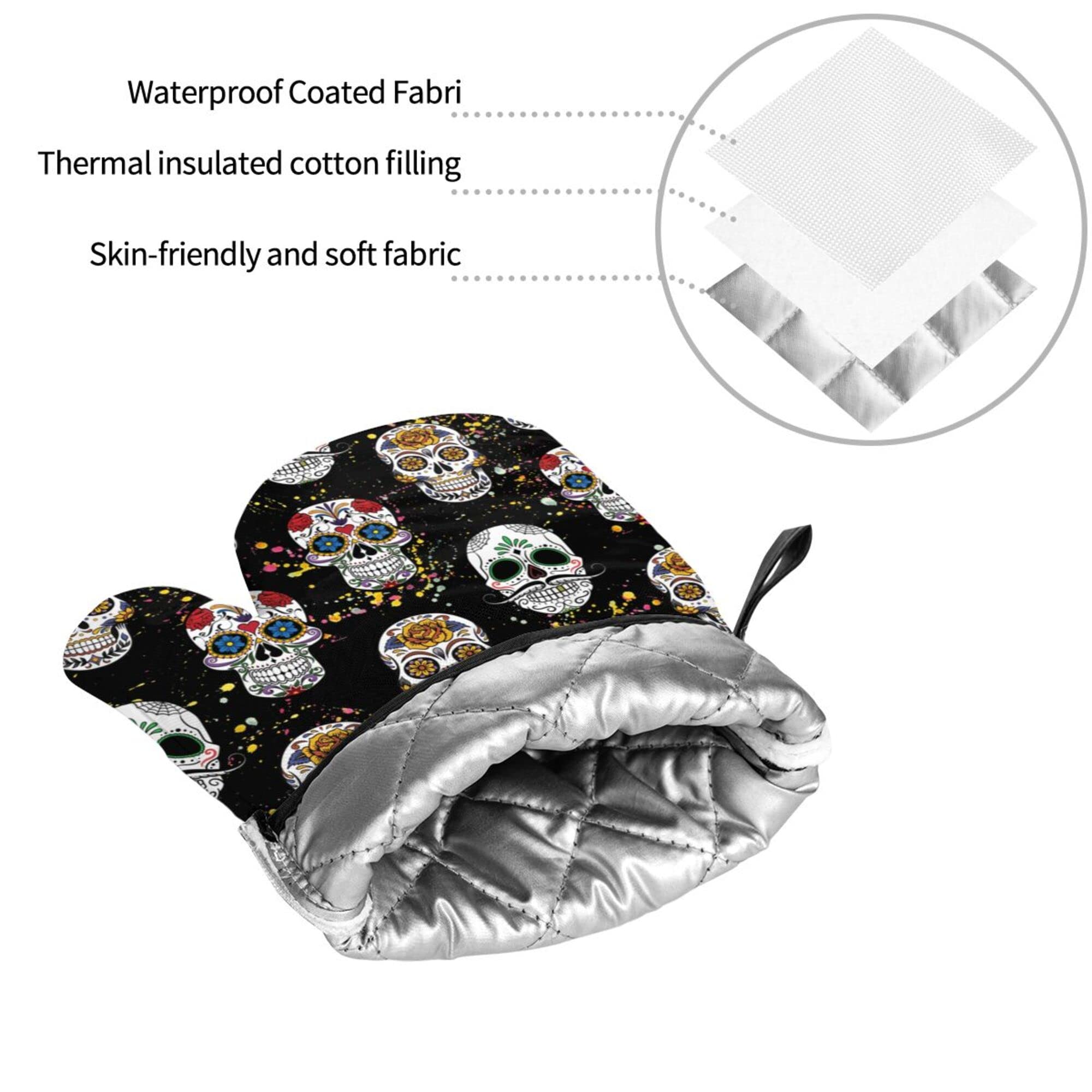 Day of The Dead Sugar Skull 4-Piece Oven Mitts and Pot Holders Set - Soft Quilted Cotton Lining for Cooking, Baking & Grilling - Durable Kitchen Utensils - Perfect for Halloween, Mexican Decor & Themed Parties
