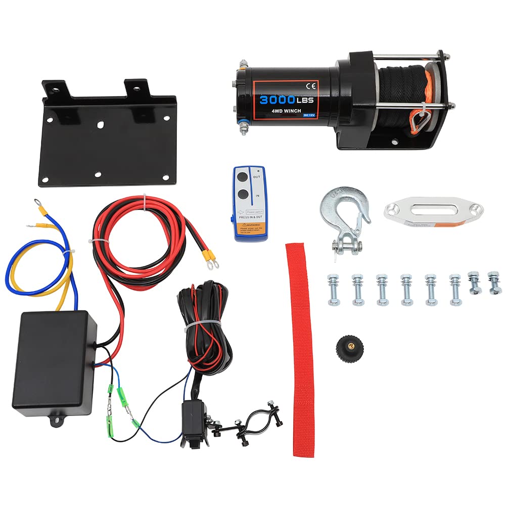 3000LBS Electric Winch with Synthetic Rope - 12V ATV/UTV/Truck Winch Kit with Wireless Remote, Control Box, Hook & Mounting Plate - Heavy Duty Off-Road Recovery for Jeep, SUV & 4x4 Vehicles