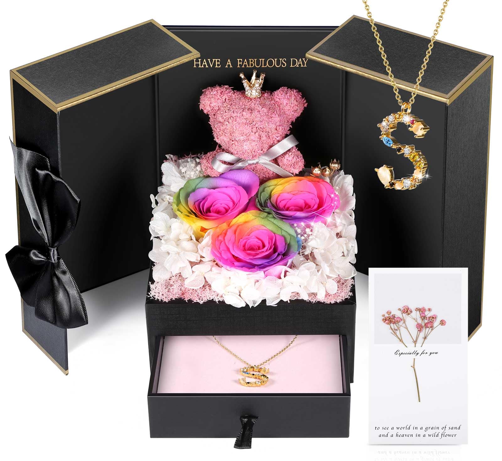 ADDWel Preserved Rose Gift Set for Women - Personalized Initial Letter Necklace & Eternal Rose Music Box with 'I Love You' Necklace in 100 Languages | Romantic Anniversary, Valentine's Day, Birthday Gift Idea
