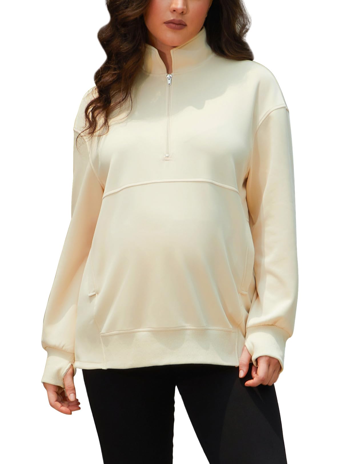 Bhome Maternity Sweatshirt - Half Zip Active Maternity Shirt with Thumbholes & Pockets - Long Sleeve Pullover for Pregnancy Comfort - Perfect for Yoga, Walking & Everyday Wear