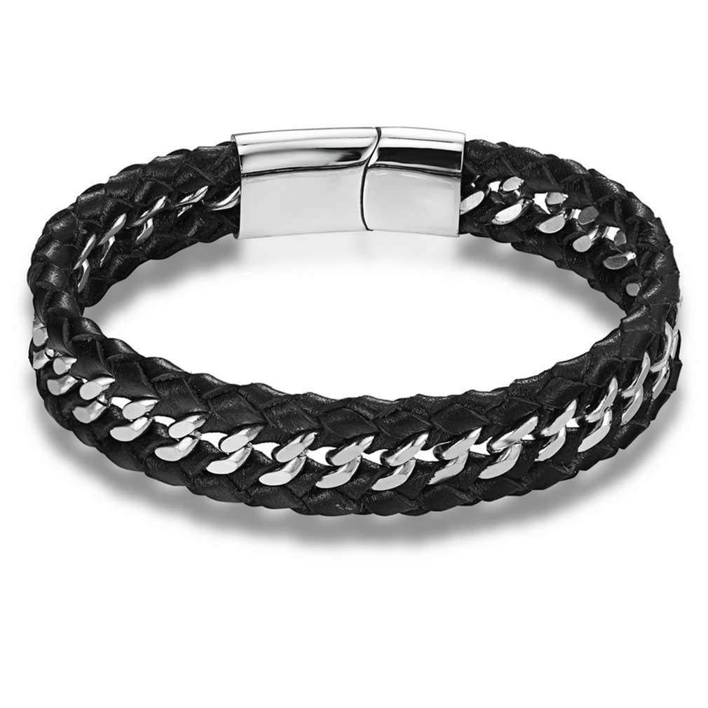 Sunrise100 Stainless Steel Leather Bracelets for Women & Men - Black Braided Charm Bracelet Jewelry Set for Everyday Wear, Gifts & Fashion Accessories