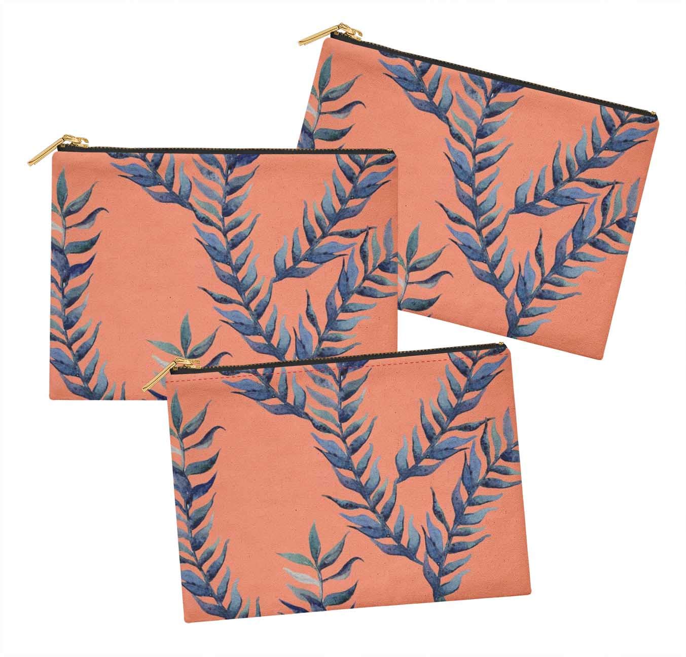 S4Sassy Orange Laurel Leaves Printed Cosmetic Bag - Pack of 3 (6x8 Inches) | Makeup Pouch, Coin Purse & Toiletry Organizer | Perfect for Travel, Gym & Daily Essentials Storage