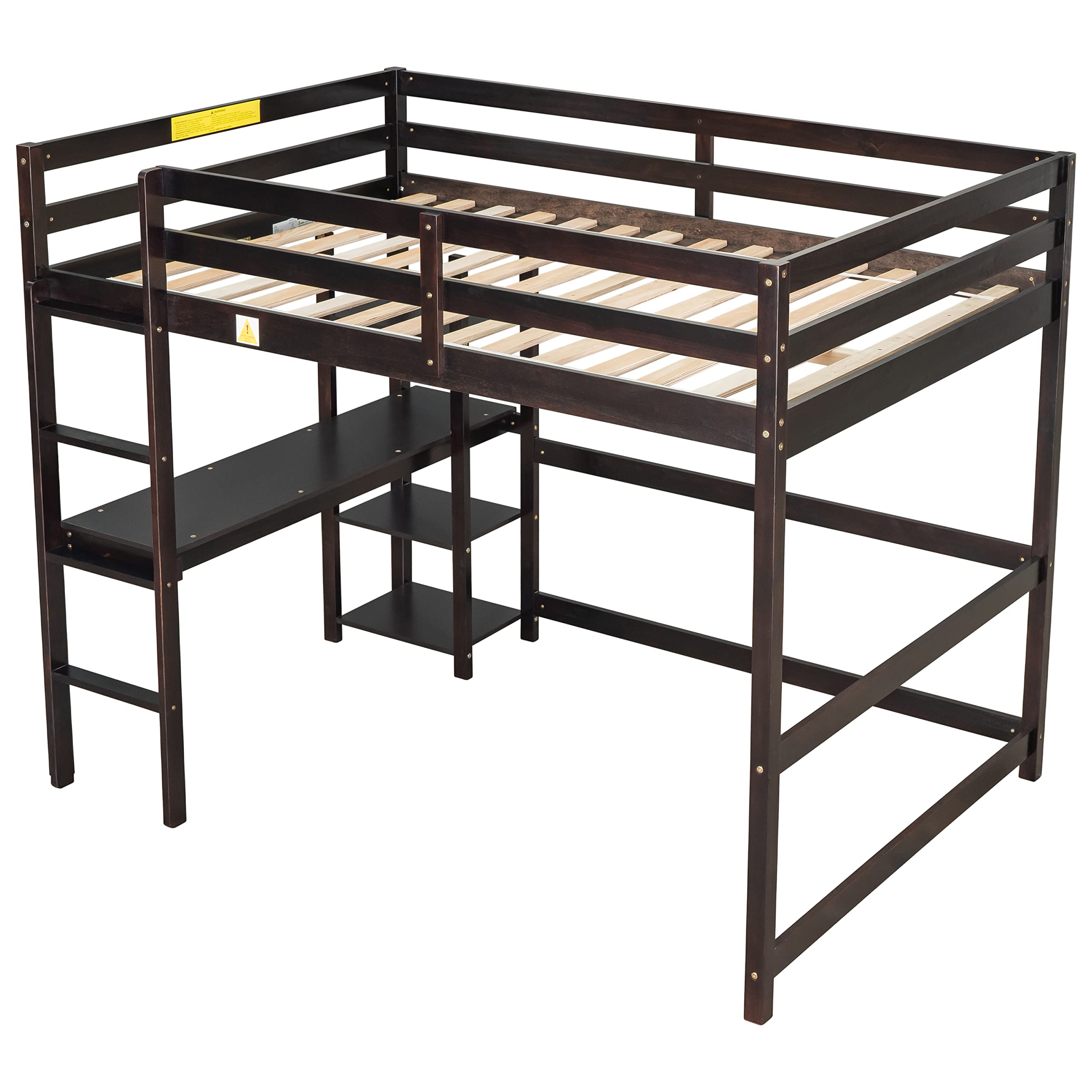 **Solid Pine Wood Full Loft Bed with Desk & Storage Shelf - Sturdy Espresso Loft Bed for Kids & Teens - No Box Spring Needed - Perfect for Small Bedrooms & Dorm Rooms**