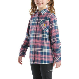 Youth Girls Long Sleeve Flannel Button Down Shirt - Dark Denim Blue Plaid - Casual School Outfit & Fall Layering Essential