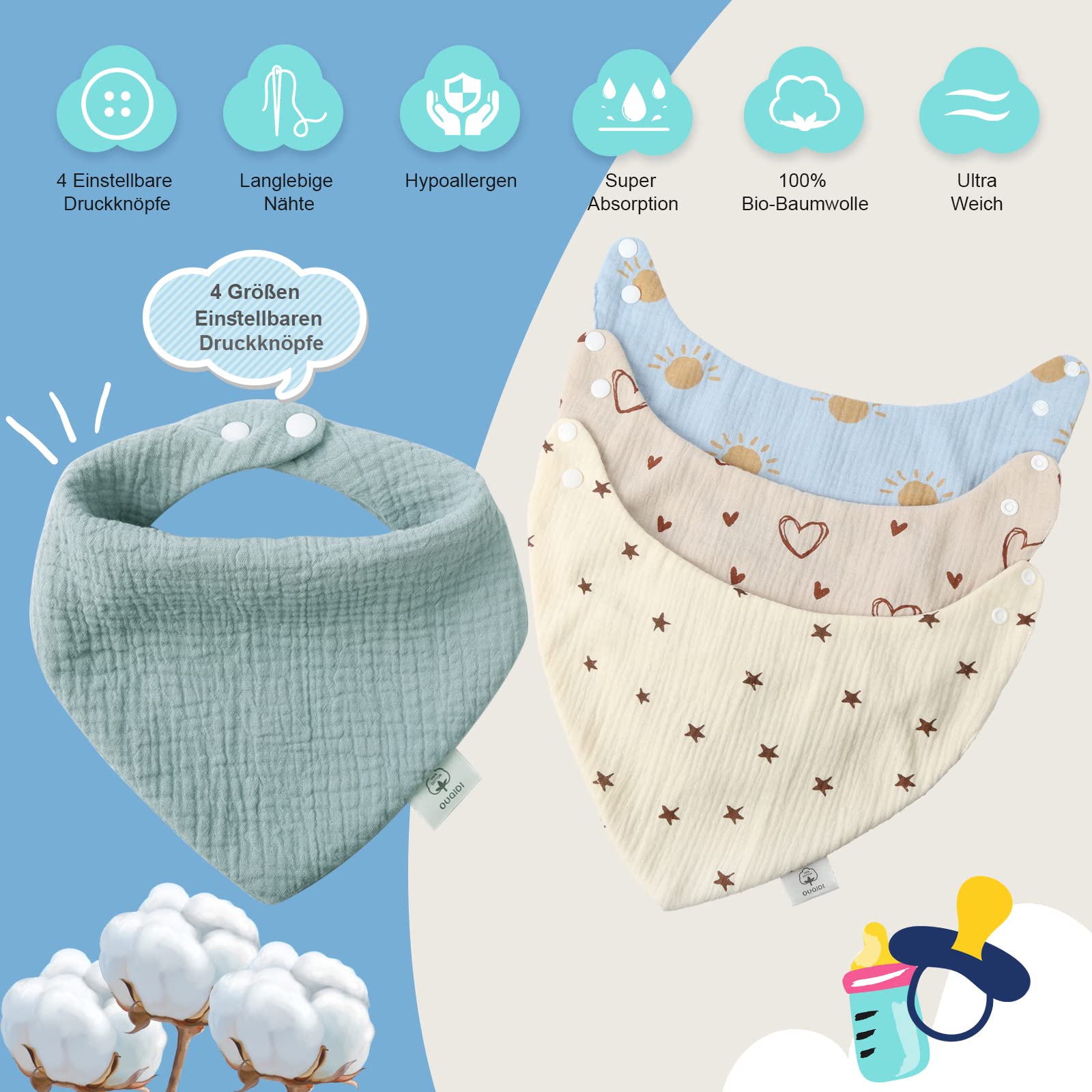 Ouqidillc 6-Layer 100% Cotton Baby Bandana Bibs - Soft, Absorbent Drool Bibs for Newborn to 36 Months | Adjustable Snap Closures for Boys & Girls | Perfect for Teething, Drooling & Mealtime Messes