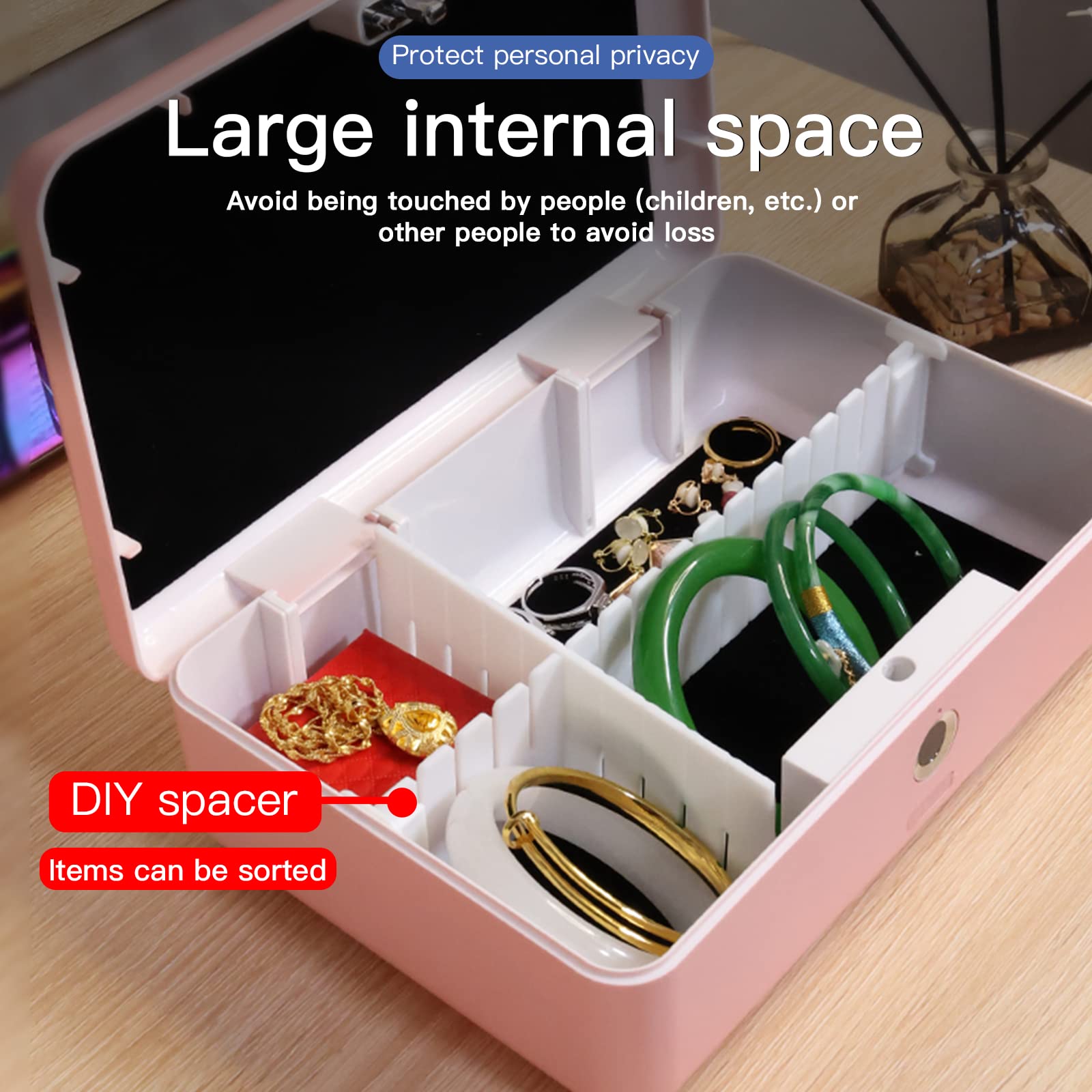 Fingerprint Biometric Safe Box - Portable Rechargeable Security Lock Box for Jewelry, Cash & Valuables | Home, Office, Car & Travel Use | Pink Digital Safe