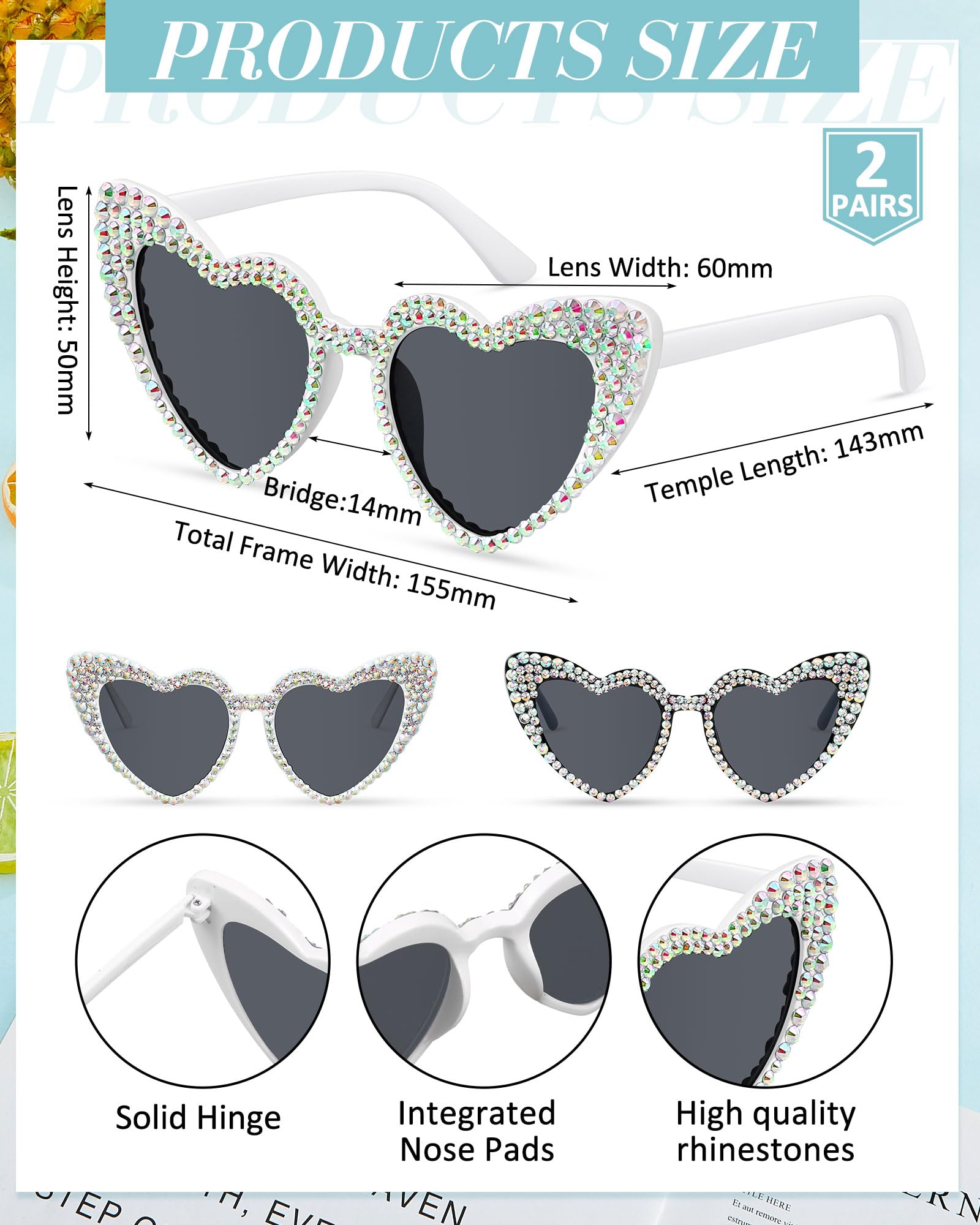 Kanayu 2 Pairs Heart-Shaped Sunglasses - Sparkling Rhinestone Bridal Glasses for Bride & Groom - Perfect for Bachelorette Parties, Weddings & Honeymoon Getaways - Fun Accessories for Beach Vacations & Romantic Photos