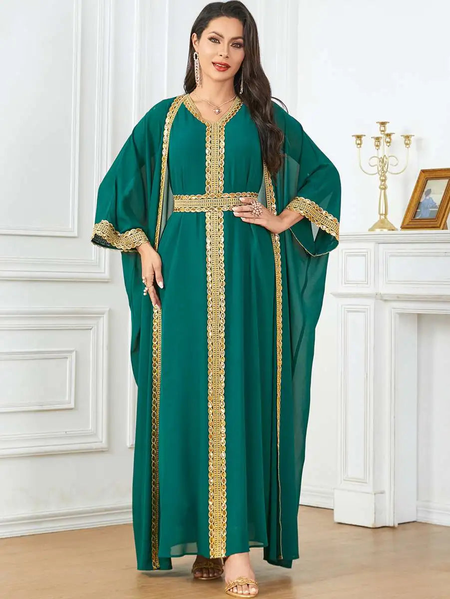 Elegant Eid Chiffon 2-Piece Caftan Dress Set with Sleeveless Inner Dress - Perfect for Muslim Women's Holiday Celebrations, Special Occasions & Summer Outfits