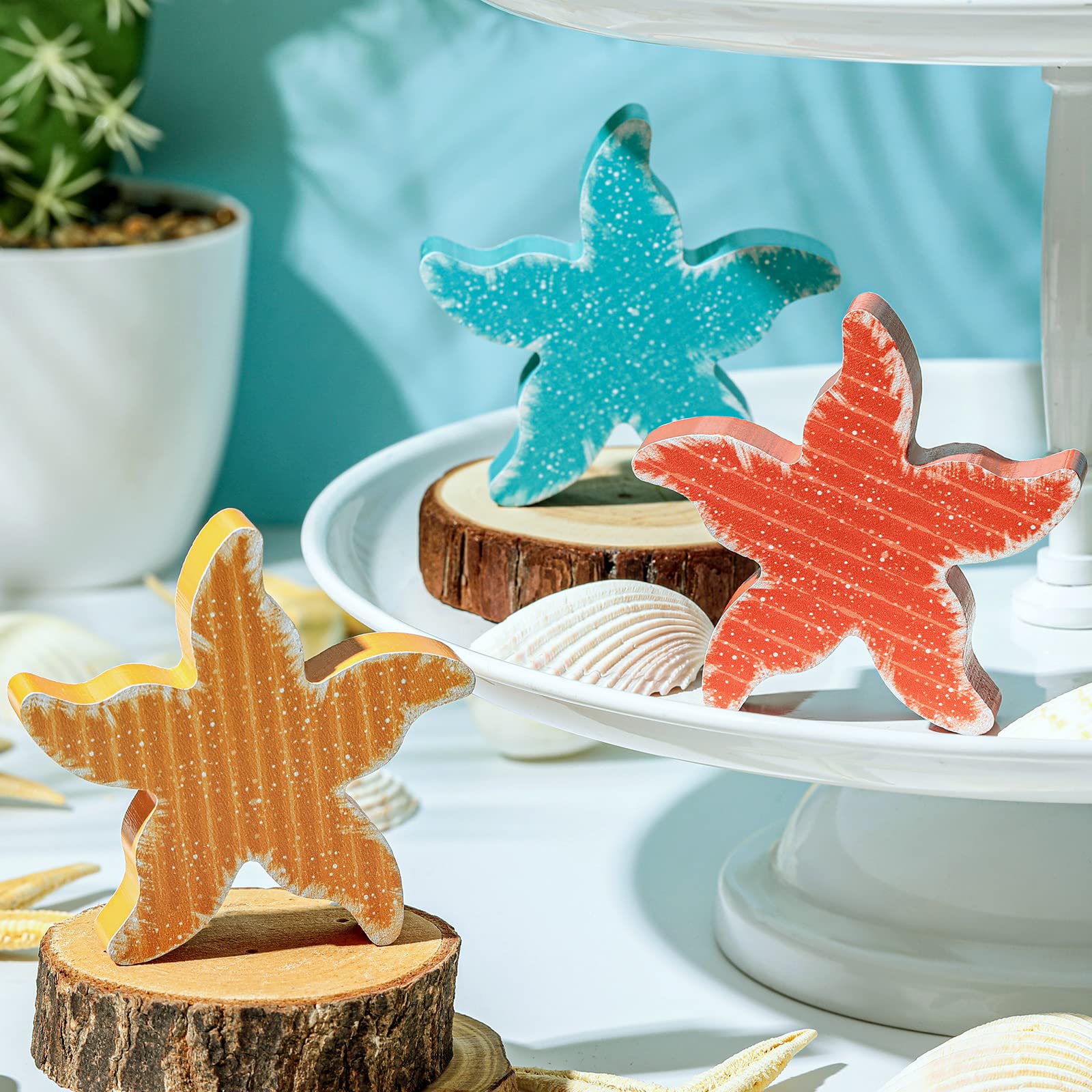 3-Piece Ocean Beach Tiered Tray Decor Set - Mini Summer Wooden Signs, Farmhouse Rustic Wood Nautical Decorations for Home, Office, Bedroom, Table, Shelf & Desk (Starfish Design) - Perfect for Coastal Themed Parties, Baby Showers & Beach House Decor