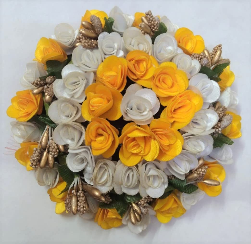 Ruchi Beautiful Artificial Hair Flower - South Indian Gajara Bun Making Hair Accessories for Women (Pack of 1, Yellow & White) - Perfect for Weddings, Festivals & Traditional Occasions