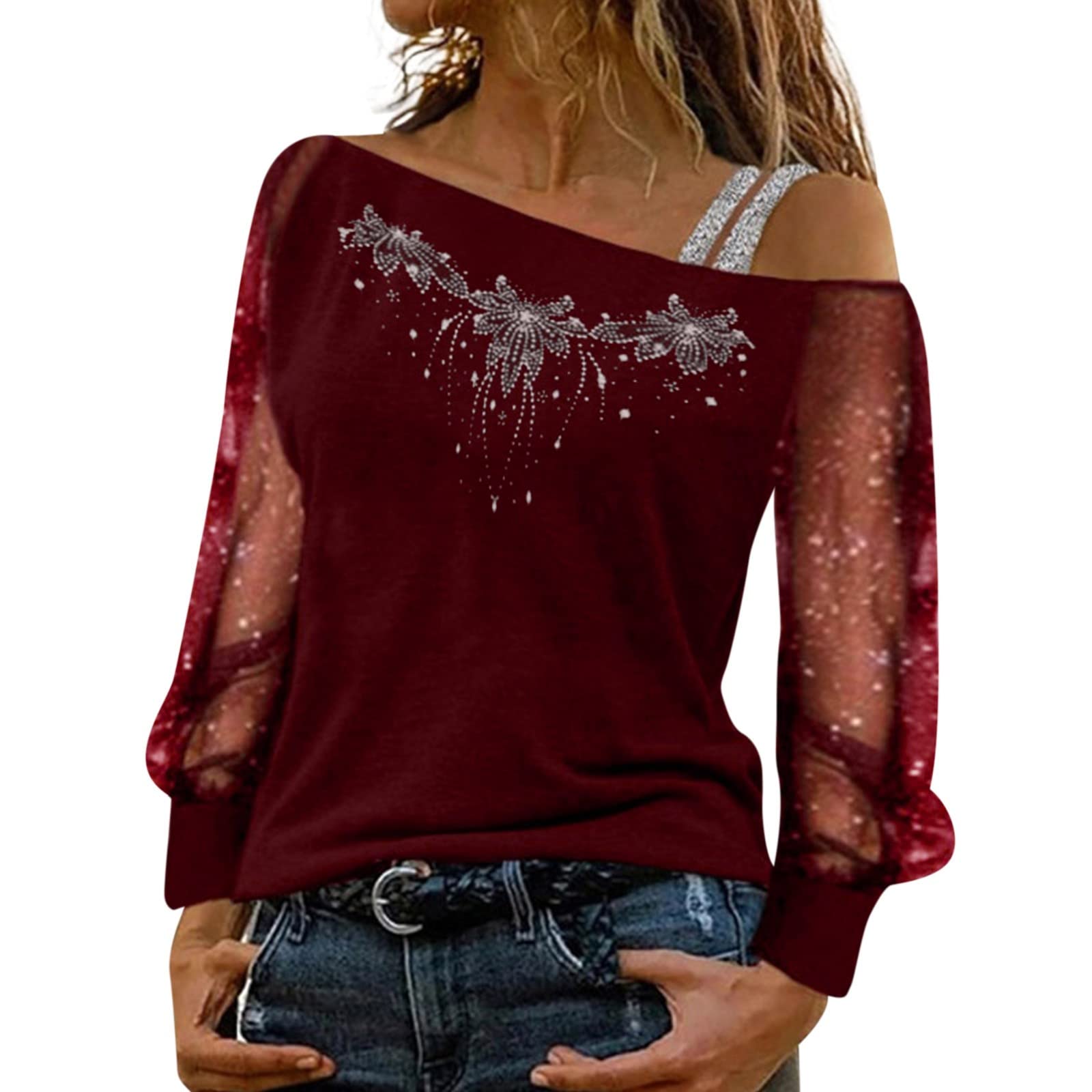Women's Black Sequin Print Mesh Long Sleeve Cold Shoulder Top - Casual Party Blouse for Night Out, Club Wear & Holiday Outfits