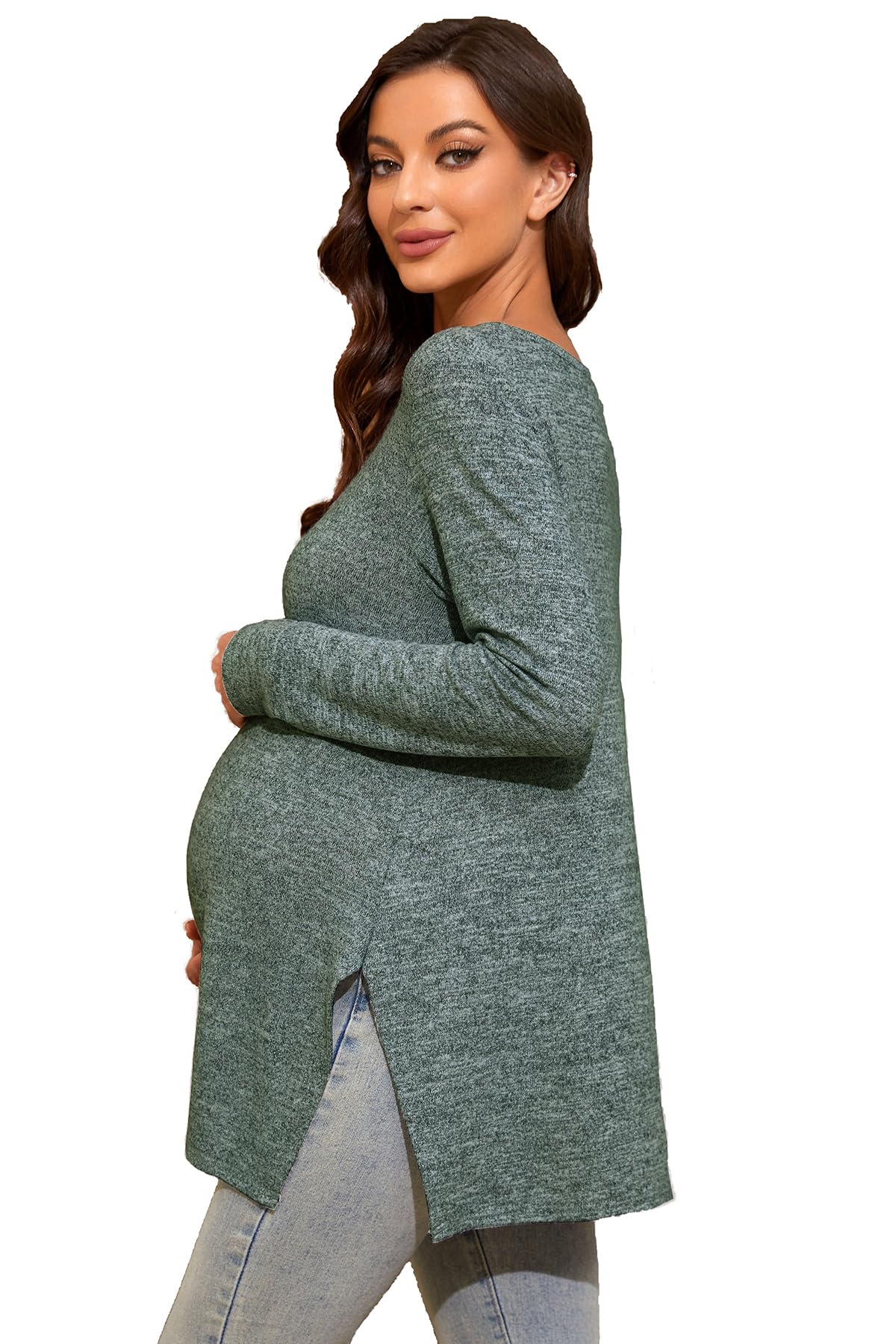 Smallshow Women's Maternity Shirts - Side Split Long Sleeve Pregnancy Tops for Comfort & Style | Perfect for Work, Casual Wear & Nursing | Soft Stretchy Fabric for Expecting Moms