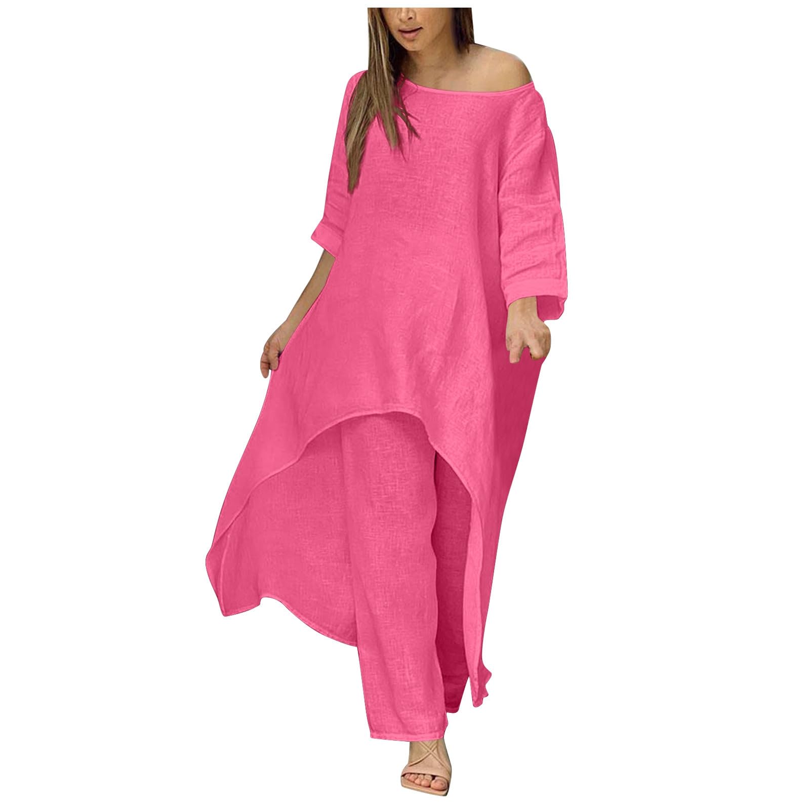 **Women's 2-Piece Cotton Linen Legging Set - Crew Neck Long Shirt Dress & Lounge Pants Outfit - Solid Casual Pants Suits for Fall | Perfect for Work, Travel & Relaxation**