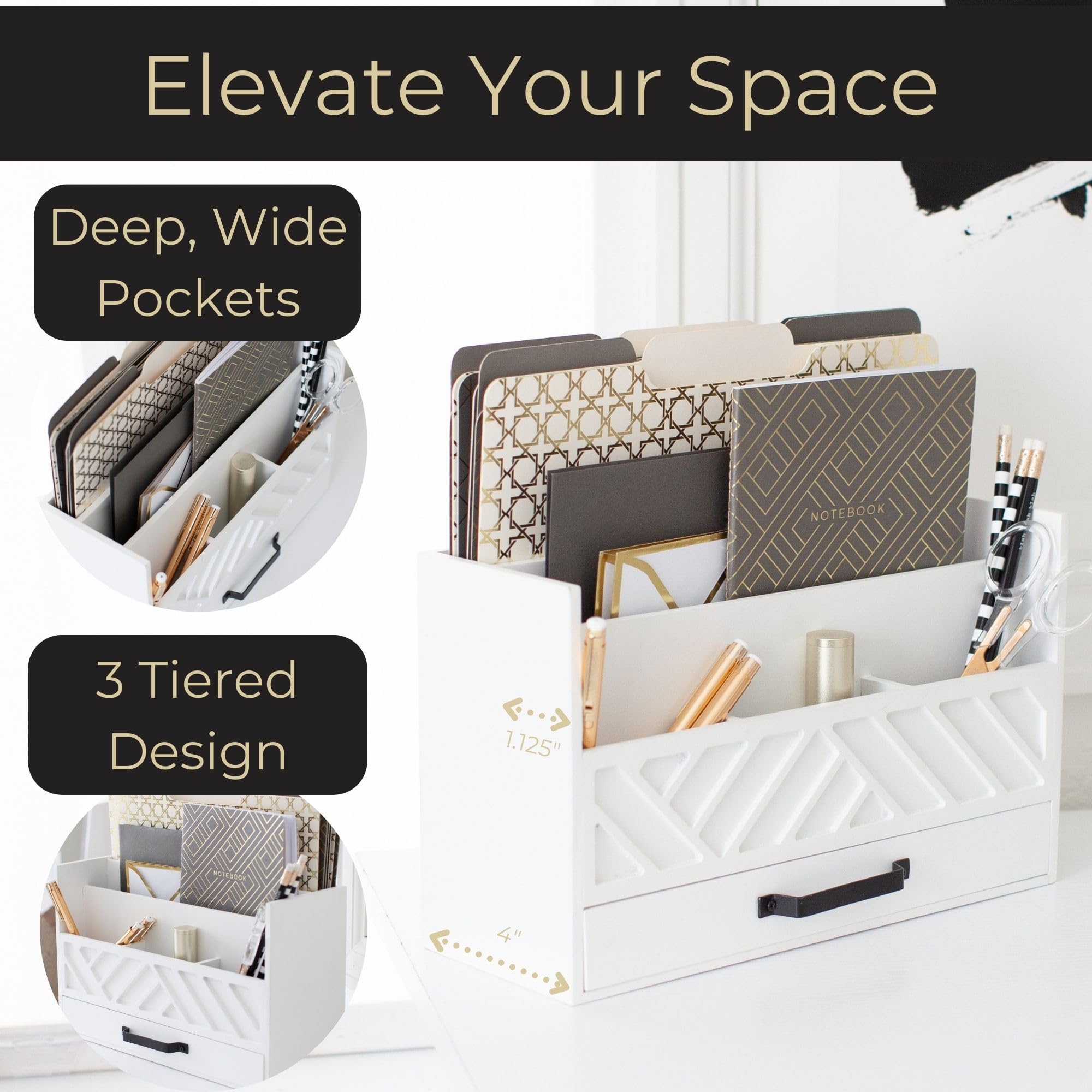 BLU MONACO White Wood Mail Organizer - Countertop Desk Storage with Drawer - Farmhouse Style Mail Sorter & Bill Holder - Perfect for Home Office, Kitchen Counter or Entryway Organization