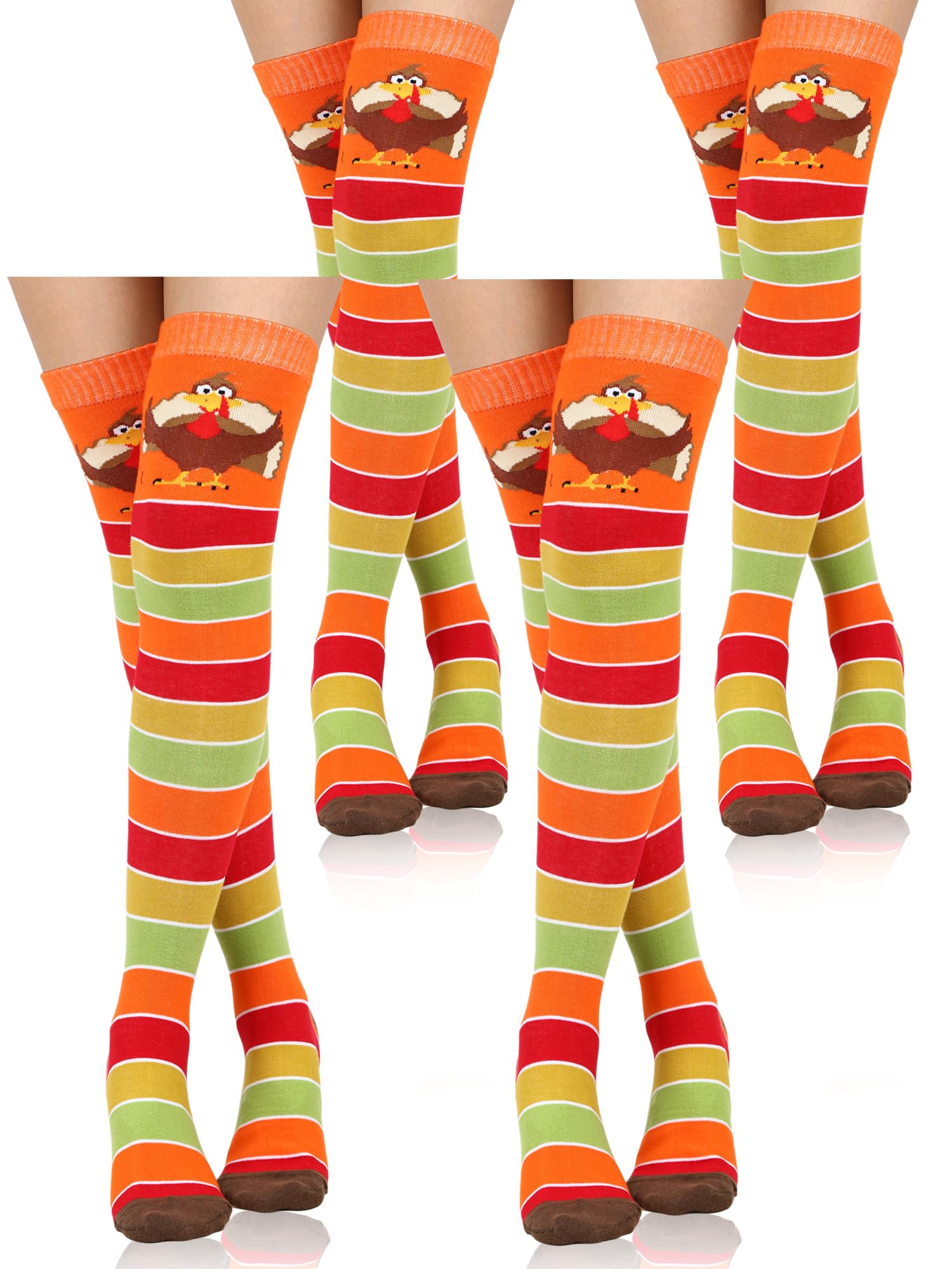 Liitrsh 4 Pairs Turkey Themed Over The Knee Socks - Fall Thanksgiving Striped Fuzzy Stockings for Women - Perfect for Running, Gifts & Holiday Outfits
