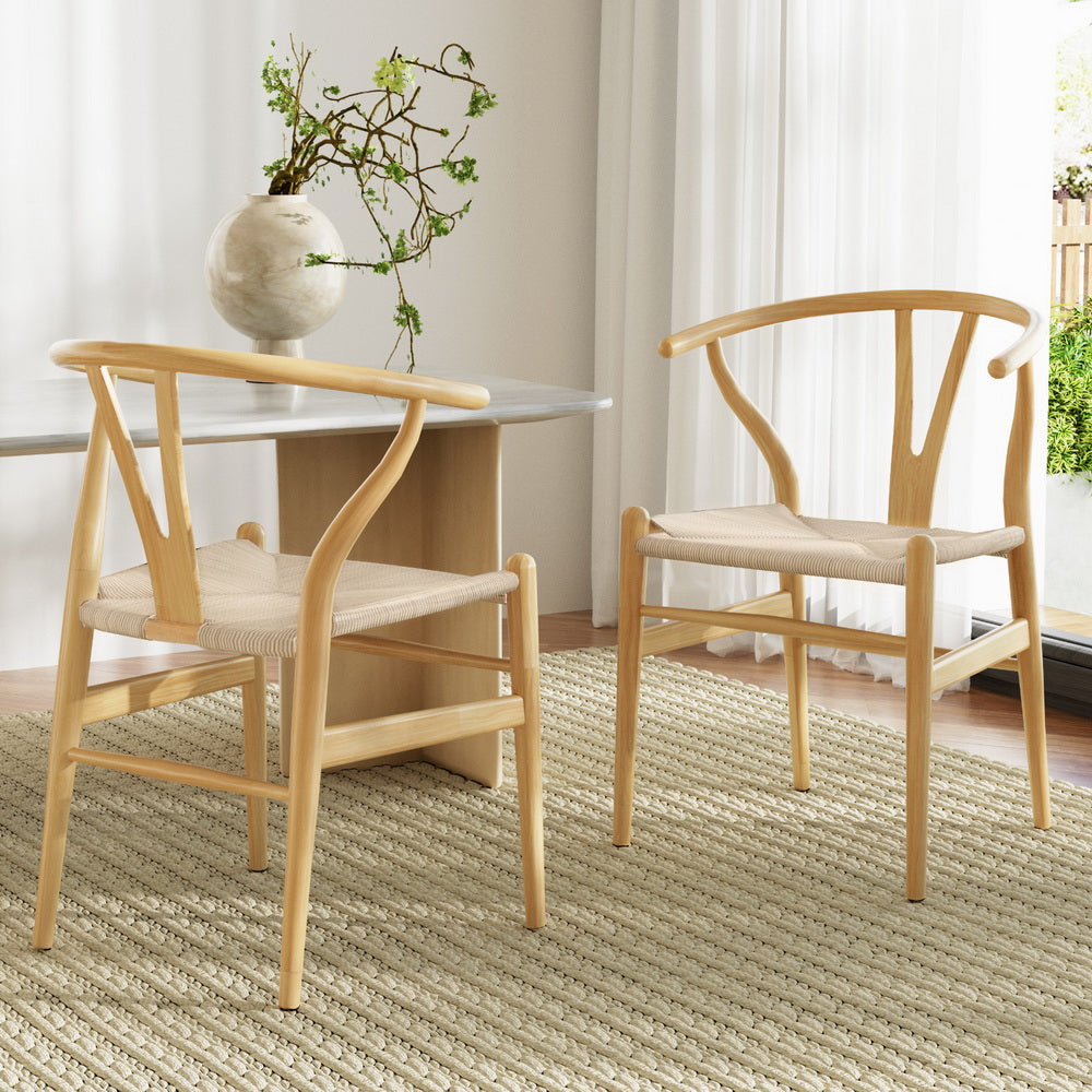 2 Pack Artiss Dining Chairs - Wooden Frame with Rattan Seat & Wishbone Back - Modern Kitchen & Dining Room Furniture for Home Decor