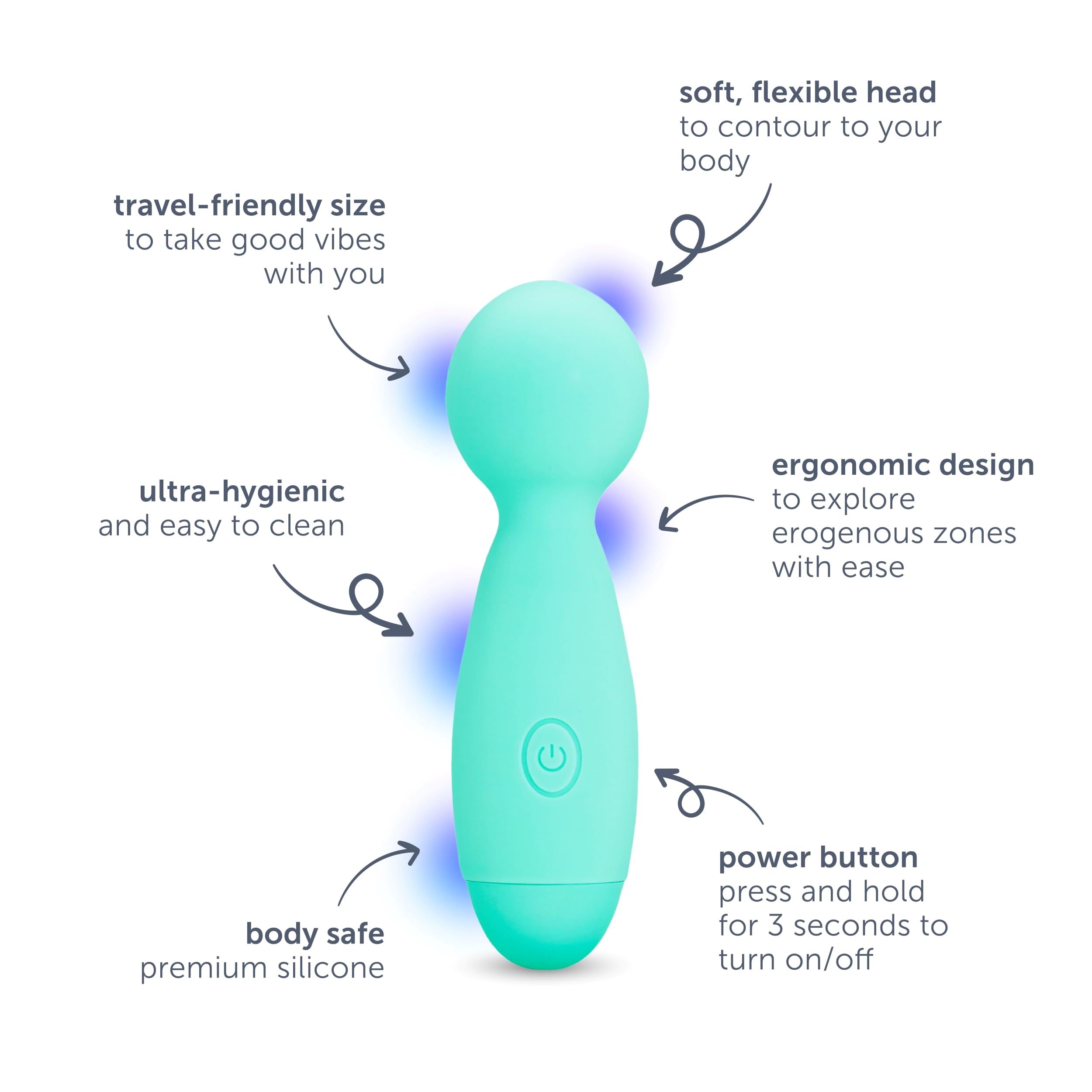 PlusOne Travel Vibrating Wand - Waterproof Body-Safe Silicone Personal Massager with 10 Vibration Settings, Teal - Perfect for Relaxation, Muscle Relief & Intimate Pleasure at Home or On-The-Go