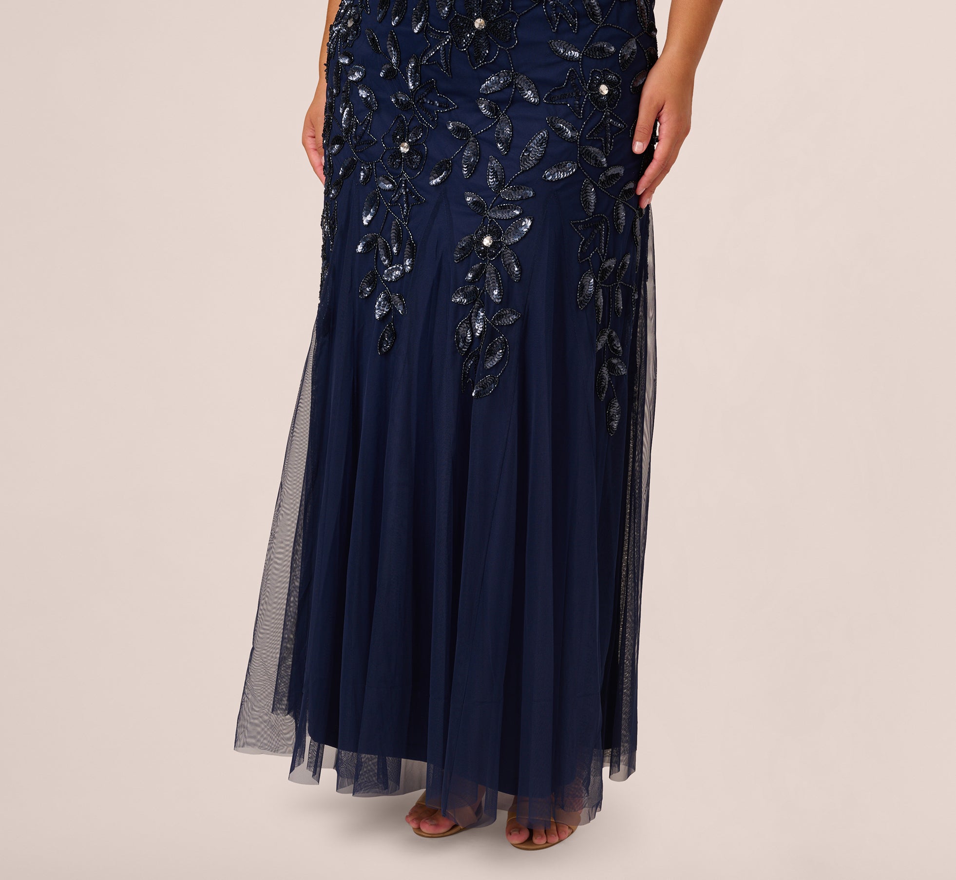 Plus Size Hand Beaded Short Sleeve Floral Godet Gown in Light Navy - Elegant Formal Dress for Weddings, Parties & Special Occasions