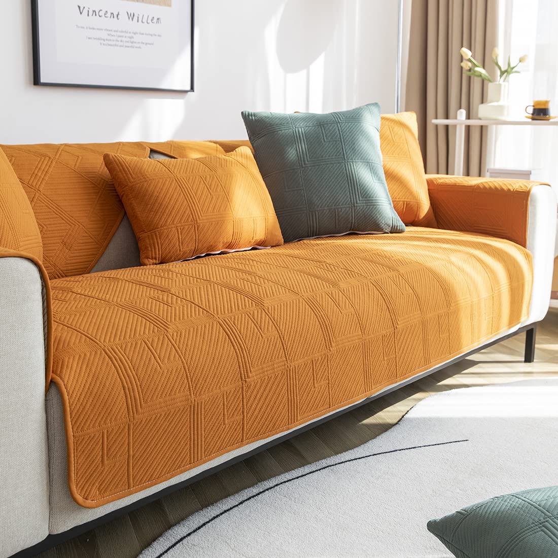 VCTOPS Quilted Cotton Non-Slip Sofa Cover for Sectional Couches - Pet-Friendly Armrest & Backrest Protector for Dogs & Cats - Perfect for Leather L-Shaped Sofas & Recliners (Orange, 43