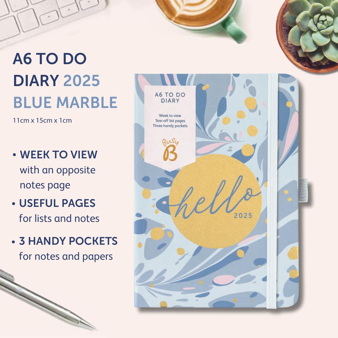 Busy B 2025 A6 Weekly Planner - Compact Blue Marble Diary with To-Do Lists, Notes Pages & 3 Pockets | Year Planner & Week-to-View Layout | Perfect for Students, Professionals & Personal Organization
