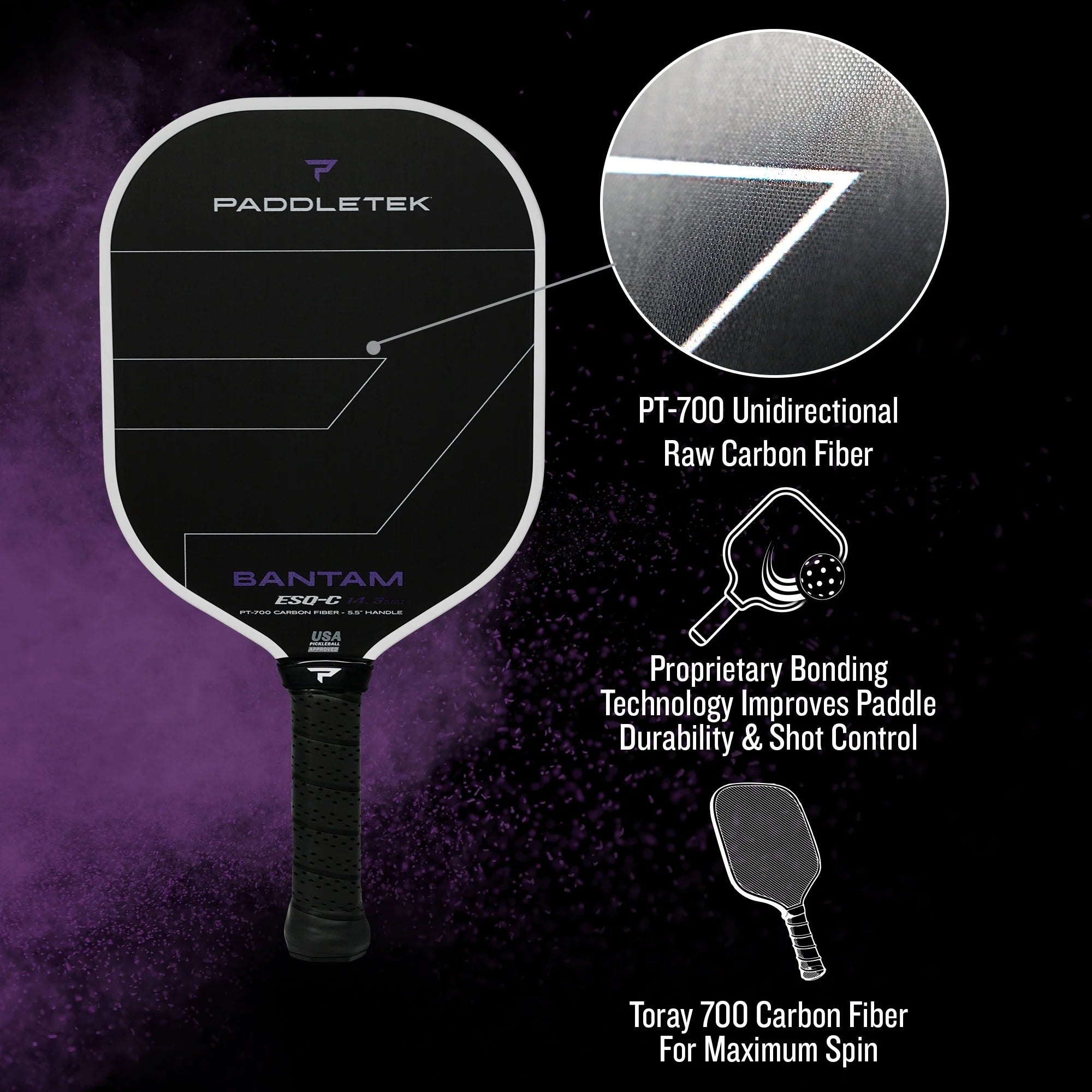 Paddletek Bantam ESQ C 14.3mm Pickleball Paddle - Lightweight Carbon Fiber Racket for Power & Control | Perfect for Tournament Play & Recreational Games