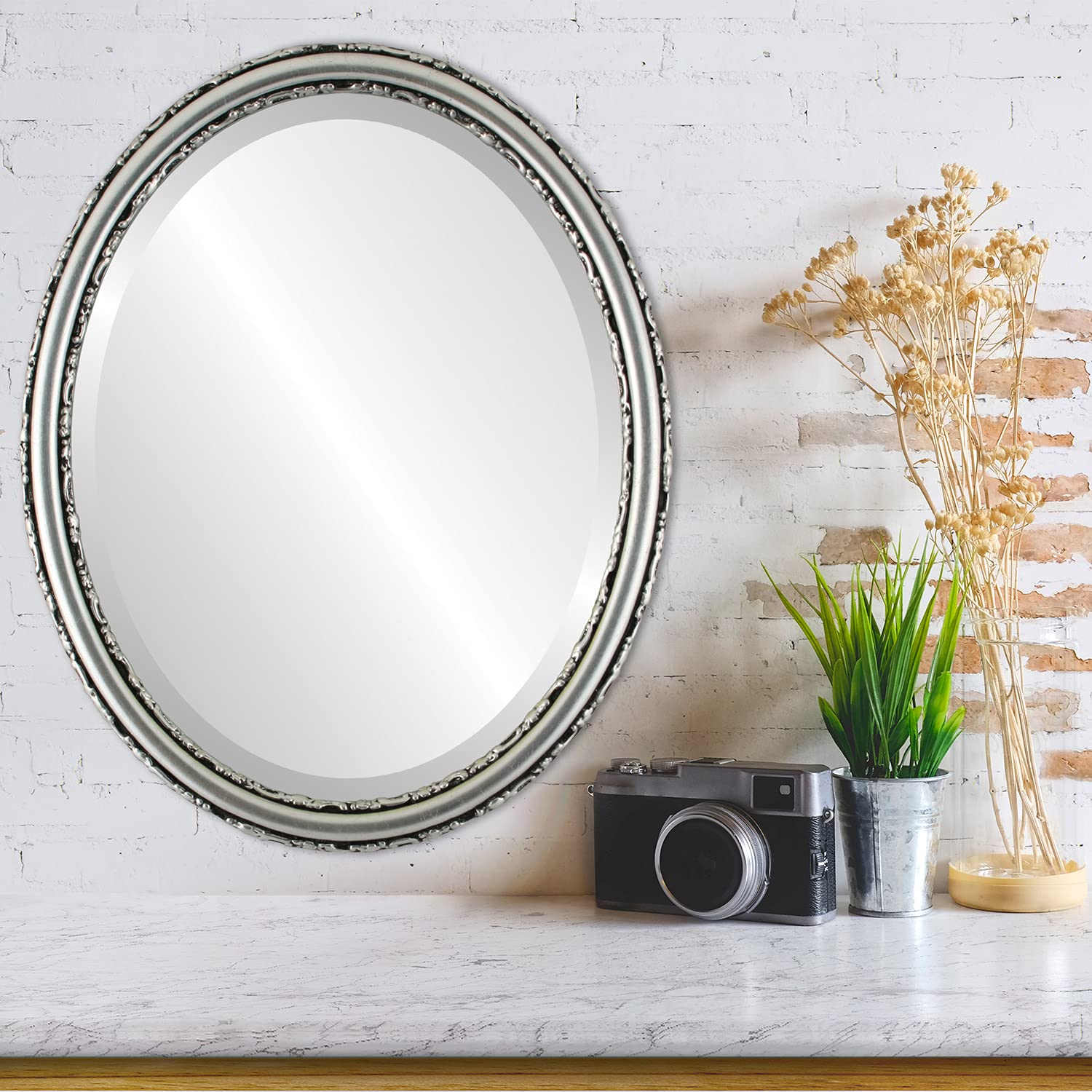 OVALCREST 22x26 Inch Oval Beveled Wall Mirror - Virginia Style Silver Leaf with Black Antique Finish - Elegant Home Decor for Living Room, Bedroom & Entryway