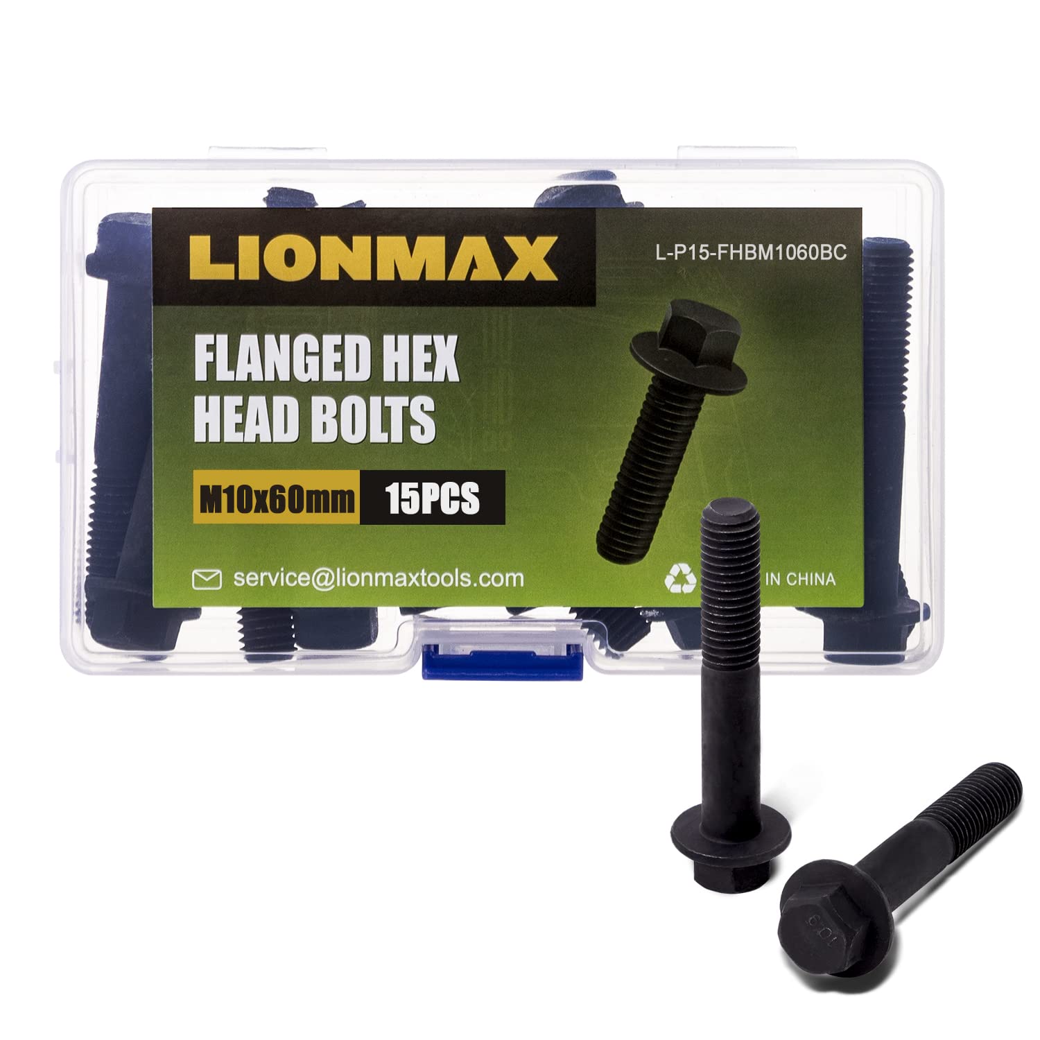 LIONMAX M10 x 60mm Grade 10.9 Carbon Steel Flanged Hex Head Bolts - Black Oxide Finish, Anti-Rust (Pack of 15) - Ideal for Automotive, Machinery & Construction Applications