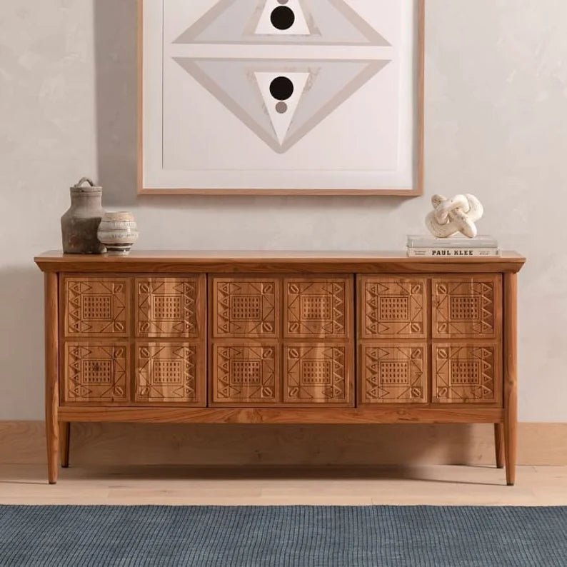 Hand Carved Wooden Buffet Table - Solid Wood Sideboard for Dining Room, Living Room & Kitchen Storage | Rustic Home Decor Furniture