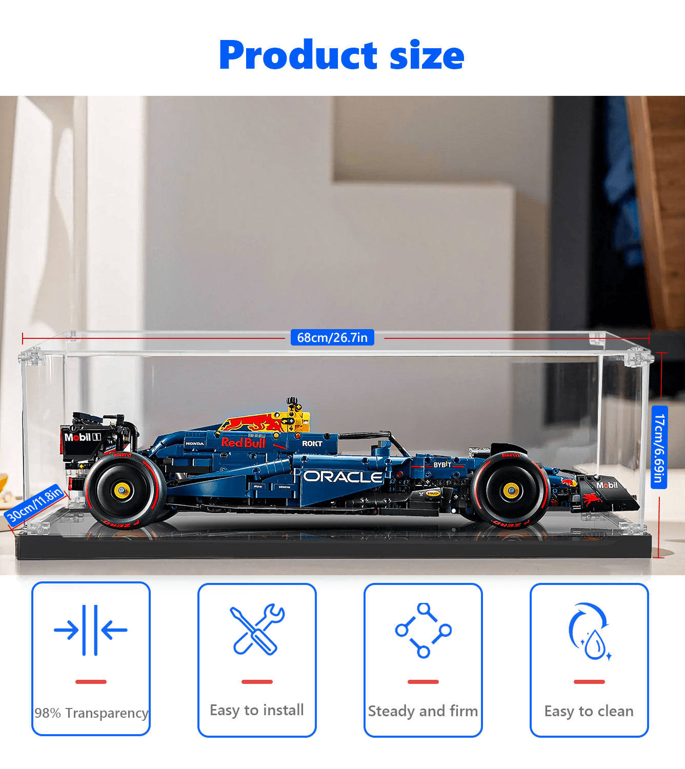 LEGO Oracle Red Bull Racing RB20 F1 Display Case (1:8 Scale) - Perfect for Showcasing 42206 Model Car in Home, Office, or Collection Displays