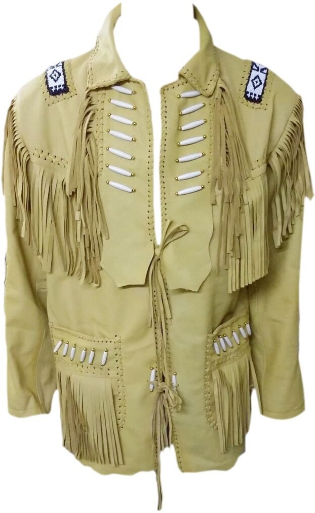 LEATHERAY Men's Western Cowboy Jacket - Fringed & Beaded Cow Leather Coat in Beige | Perfect for Rodeo, Country Music Festivals & Western Style Outfits