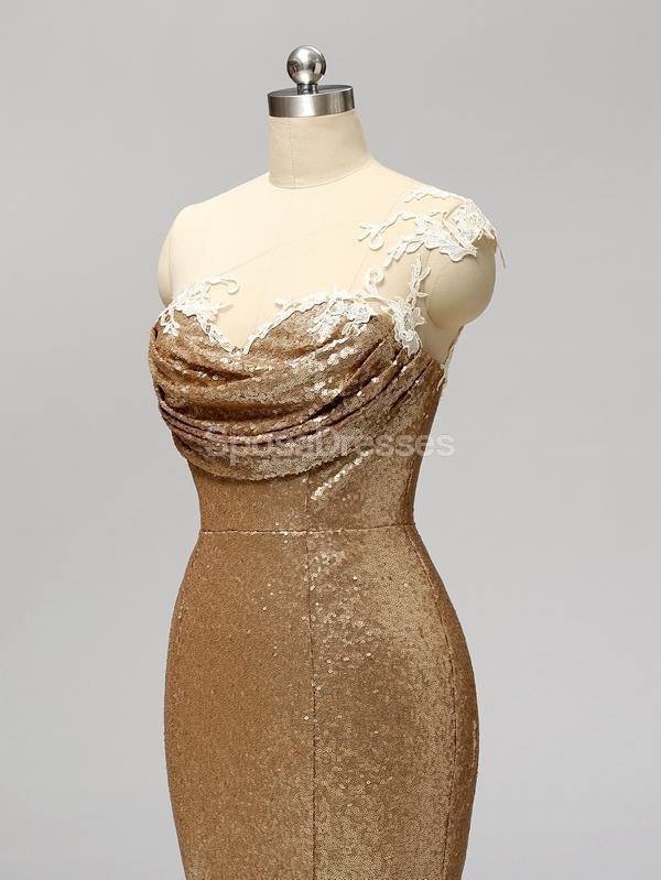 Gold Sequin One Shoulder Mermaid Long Bridesmaid Dresses for Weddings & Formal Events - Elegant Evening Gowns for Prom, Party & Special Occasions - WG596