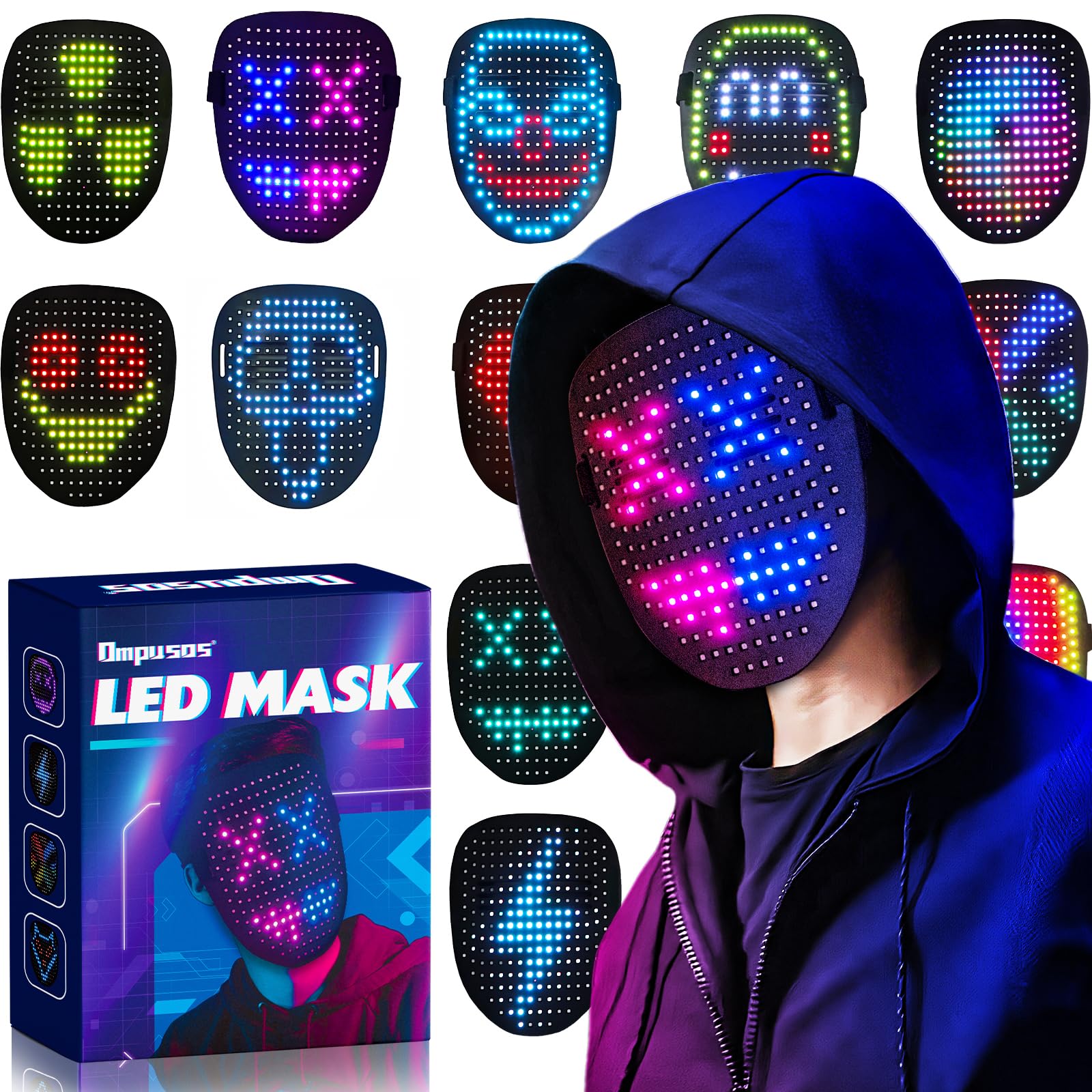 Ompusos LED Mask with Gesture Sensing - Glowing Light Up Halloween Costume Mask for Kids, Men & Women - Perfect for Cosplay, Parties & Night Events