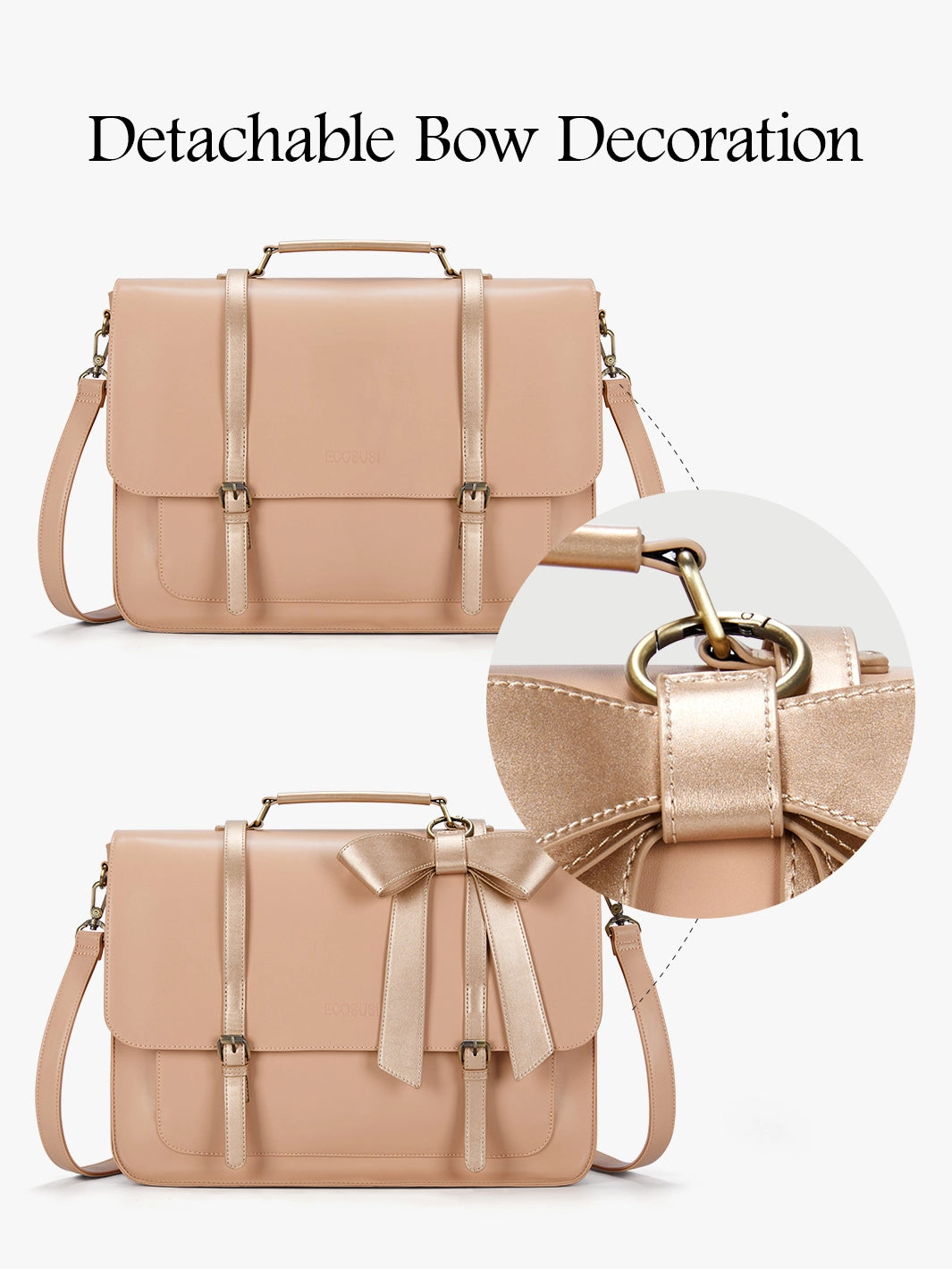 EcoSusi Classic Bow Briefcase - Elegant Cocoa Truffle Leather Handbag for Women | Perfect for Office, Business Meetings & Professional Work