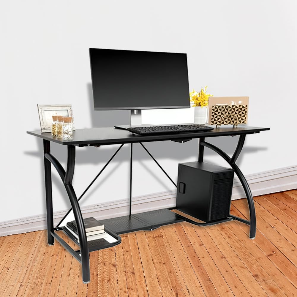 Origami Large Foldable Two-Shelf Desk - Sturdy Steel Frame Laptop Computer Table for Home Office, Dorm Room & Small Spaces - Black Workstation with Storage Shelf