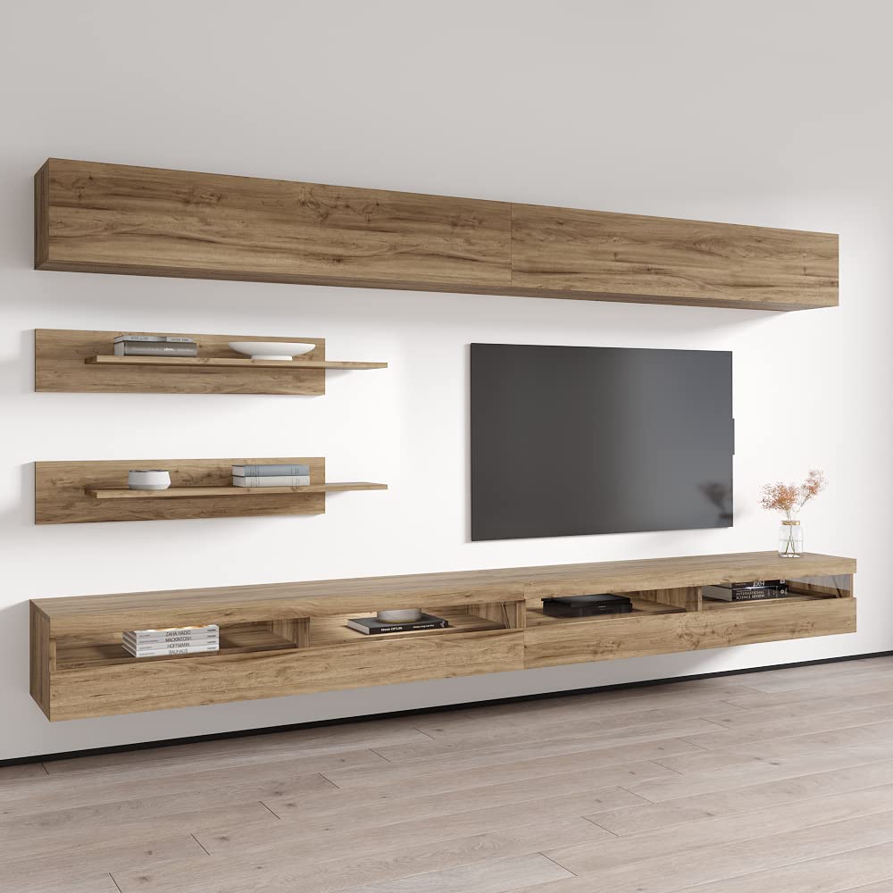 Modern Oak Wall-Mounted TV Stand with Storage Shelves & LED Lights - Floating Entertainment Center Console for Living Room & Bedroom - Perfect for Small Spaces & Home Theater Setup - Meble Furniture Fly I1 35TV Stand